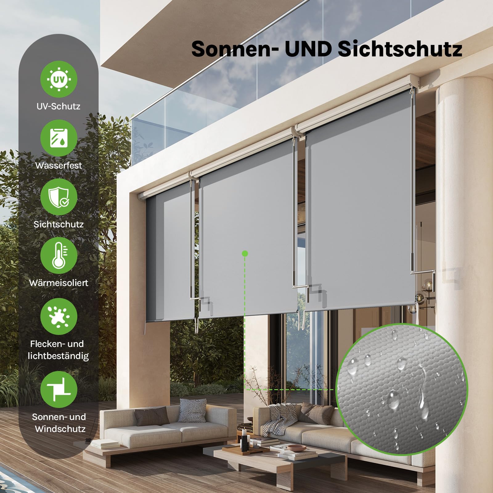 WOLTU Senkrechtmarkise Balkonmarkise Vertikalmarkise mit Handkurbel und Markisenkassette für Terrasse Balkon, UV-beständig Sonnenschutz Windschutz und Sichtschutz, Grau 100x140 cm