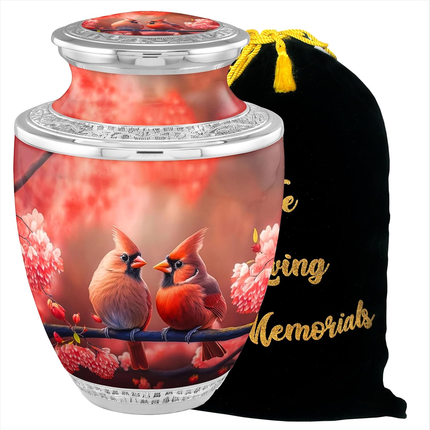 Cardinal Couple Cremation Urns for Adult Ashes Male Female - 200lbs Burial Urns for Human Ashes with Velvet Bag (Elegant Cardinal No Medallion