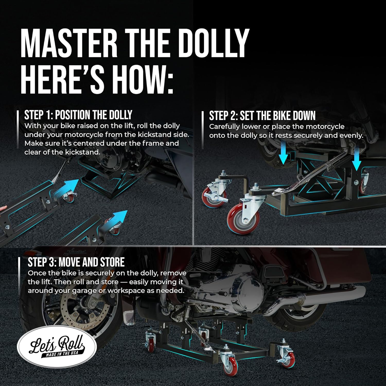 Let's Roll Cruiser Motorcycle Stand - 1200 LB Motorcycle Dolly for Garage Storage, Heavy Duty Dolly Wheels, Stable Garage Wheel Dollies with Mobility for Maintenance - Made in The USA
