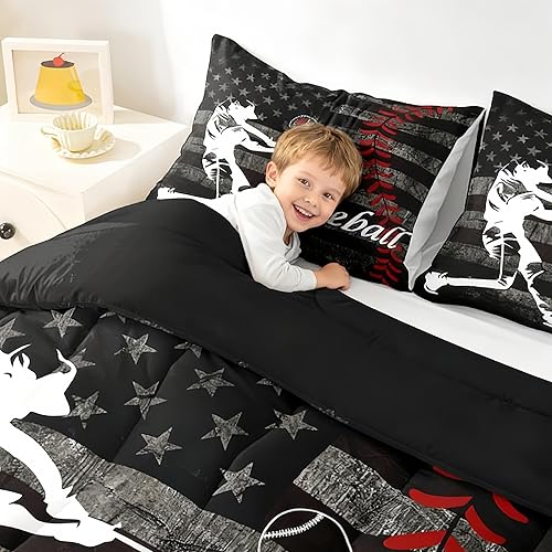 Miniatura 5 de Erosebridal Juego de edredón de béisbol para niños, ropa de cama vintage con bandera americana, tamaño Queen para adultos, niñas, niños, juegos de