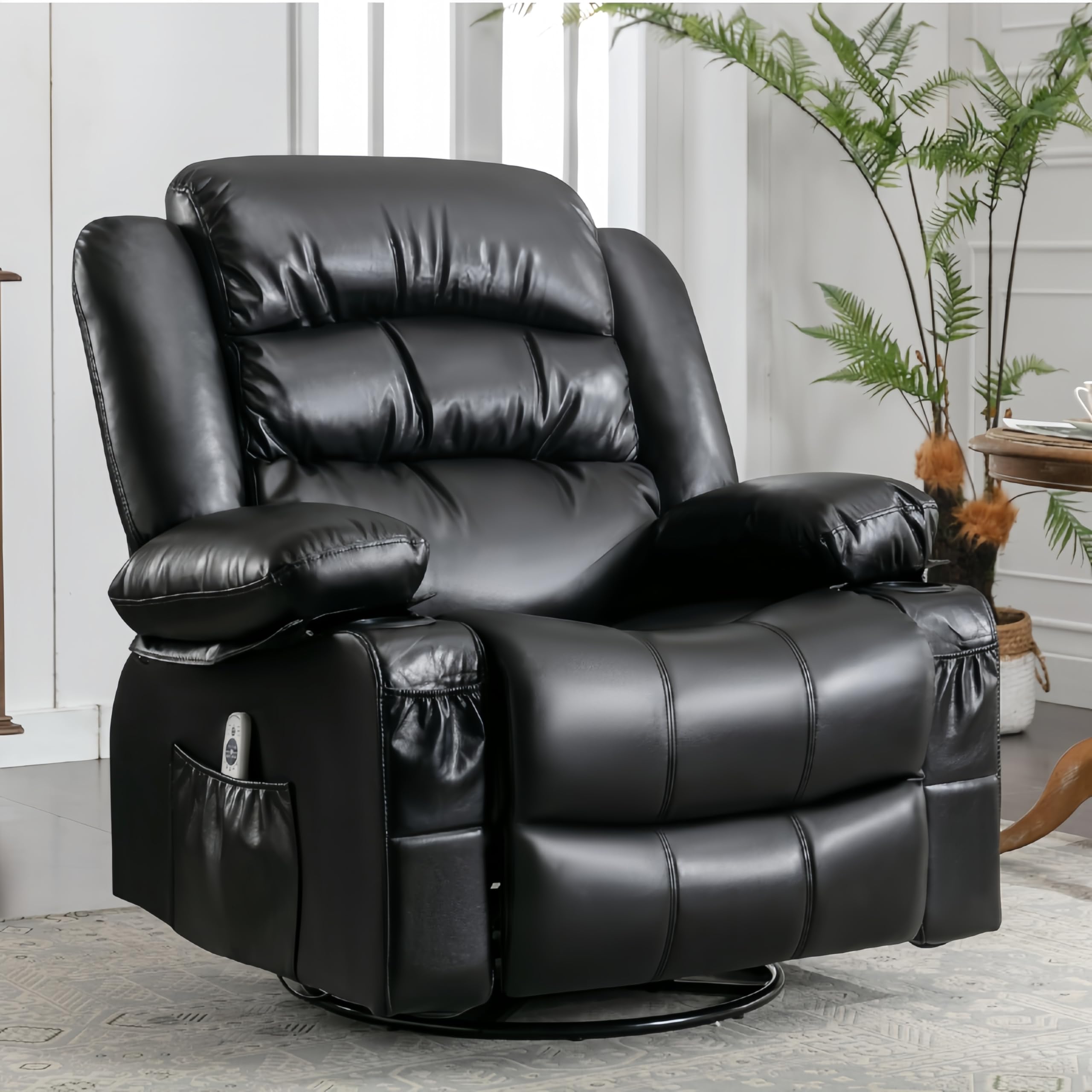 CYTERNE 360 Swivel Rocker Recliner with Massage and Heat, 67" Leather Electric Recliner with Remote Control, High Back, USB Port for Nursery, Tall