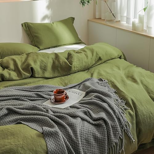 Miniatura 6 de Simple&Opulence Juego de funda de edredón 100% lino con bordado lavado, 3 piezas (1 funda de edredón y 2 fundas de almohada) con cierre de botón,
