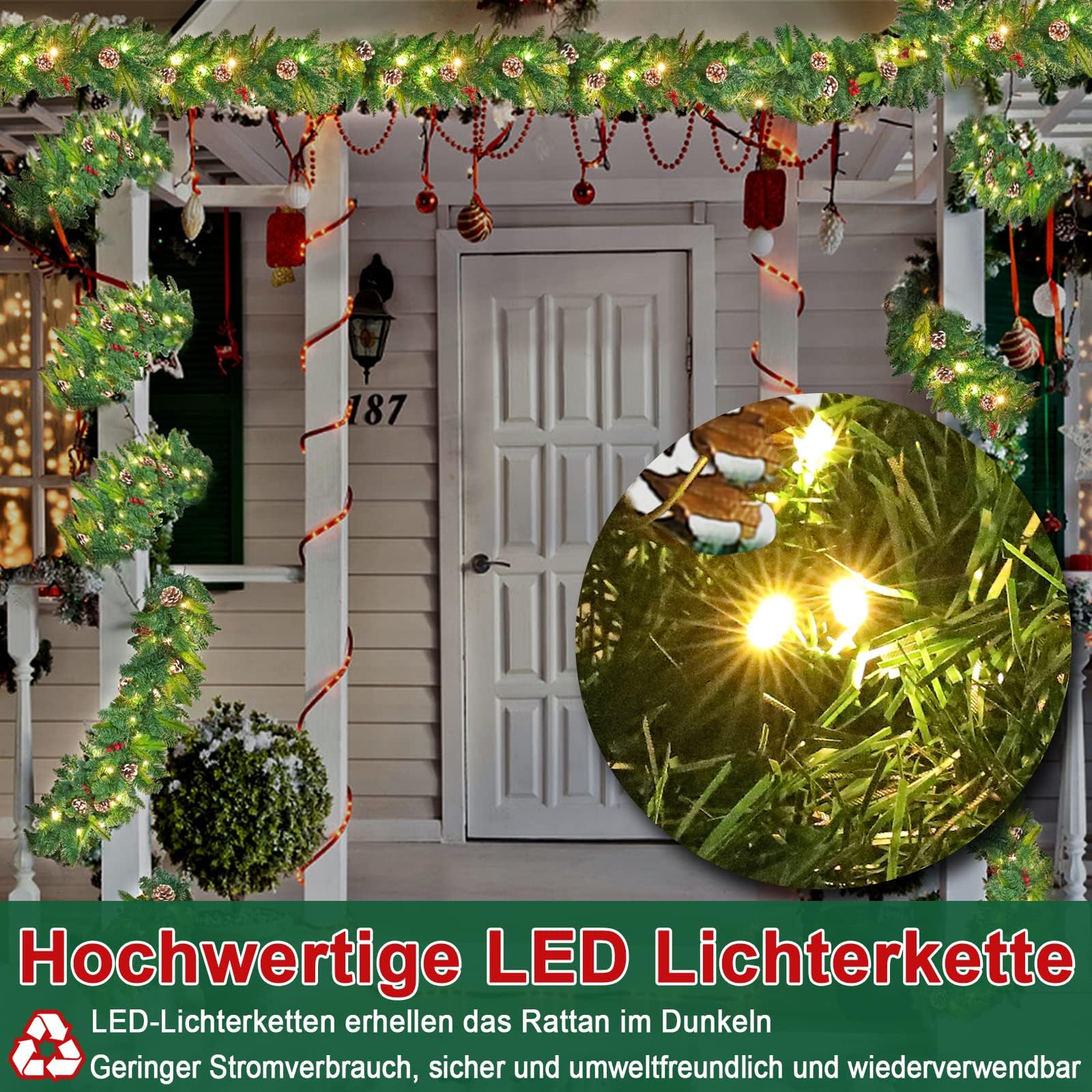 LZQ 5m Girlande Weihnachten Weihnachtsgirlande mit Beleuchtung, Weihnachtsdeko Girlanden mit Roten Beeren und Tannenzapfen, Tannengirlande für Innen und Außendekoration von Türen, Wänden und Treppen