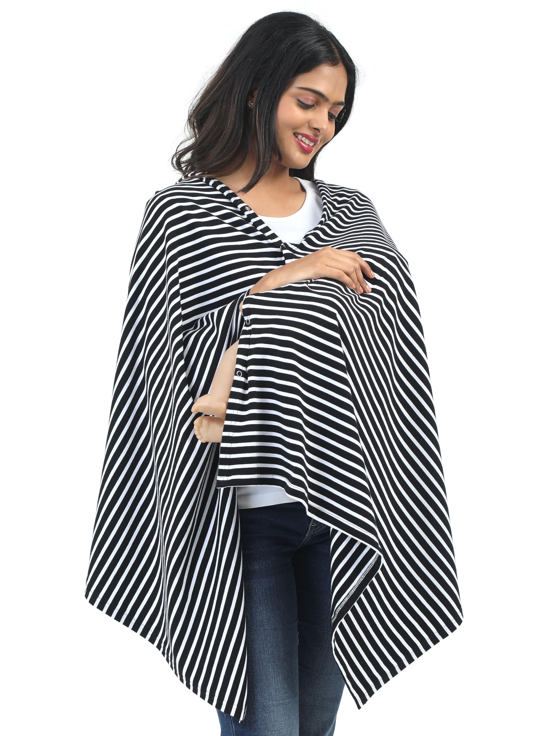 Kowsi Women Cotton Casual Style Soft Mother's Nursing & Feeding Shawl Feeding Cloak (Black Stripes)
