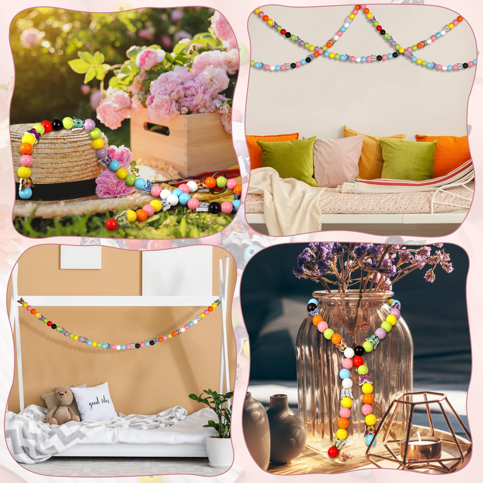 Tradder 200 cuentas de mariposa de madera para manualidades con agujeros, cuentas de madera coloridas pulidas a granel, cuentas redondas impresas para hacer joyas, decoración del hogar
