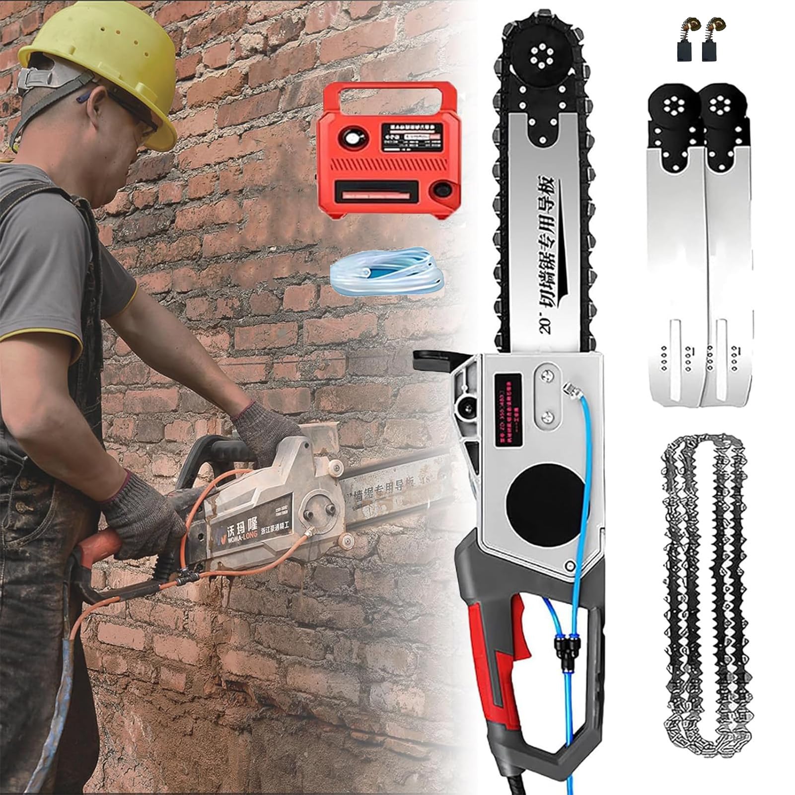 SUYUDD Concrete Saw Cutter, Handheld Electric Chainsaw Wall Cutting Machine, 2 Diamond Chains/2 Bars, 13.78in/18.9in Depth, Spare Carbon Brushes, for Brick, Concrete, and Granite