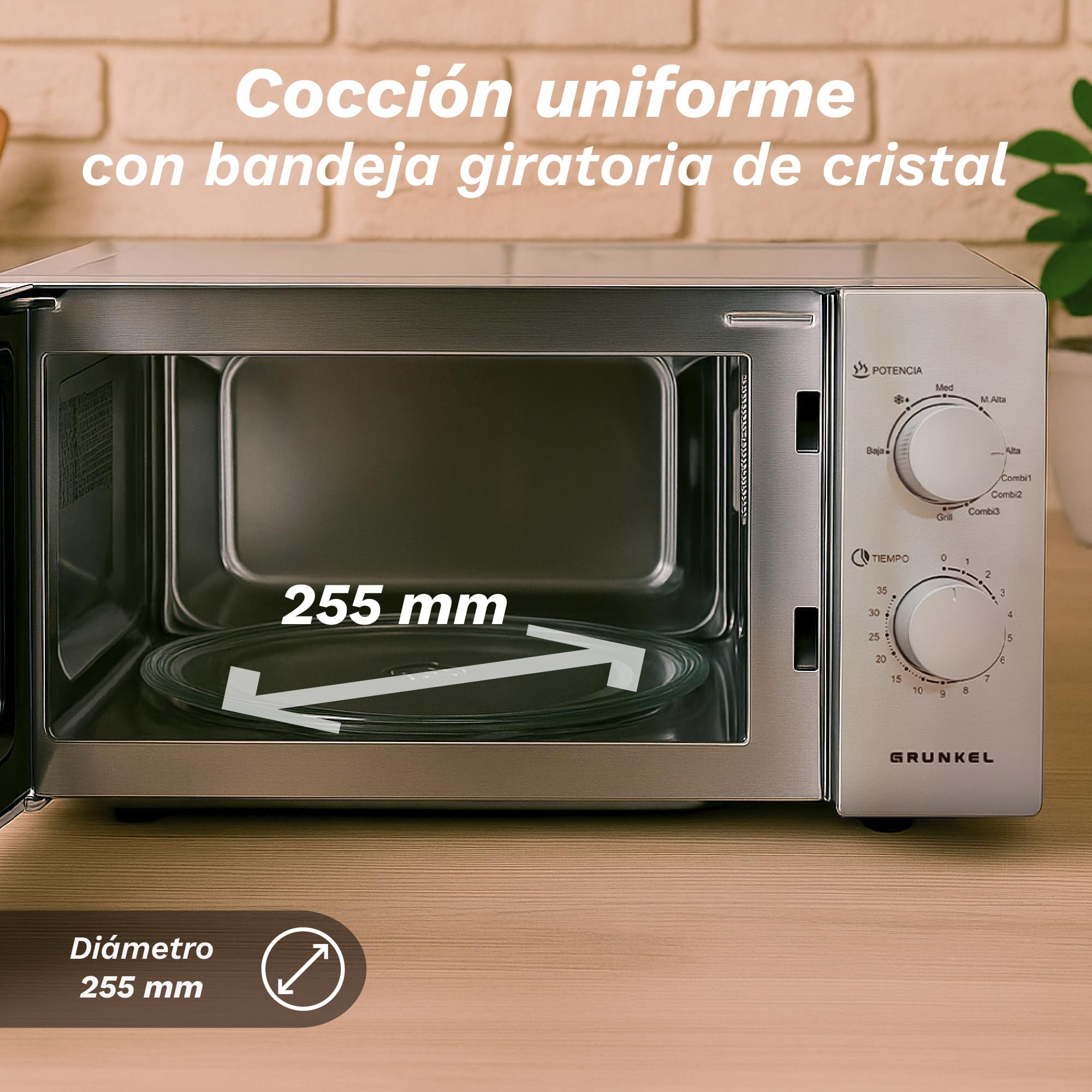 Grunkel - Microondas en color acero inoxidable de 20L y 700W y 5-6 niveles de potencia Sin/Con Grill +900W Función descongelación y temporizador hasta 35 minutos (Con Grill)