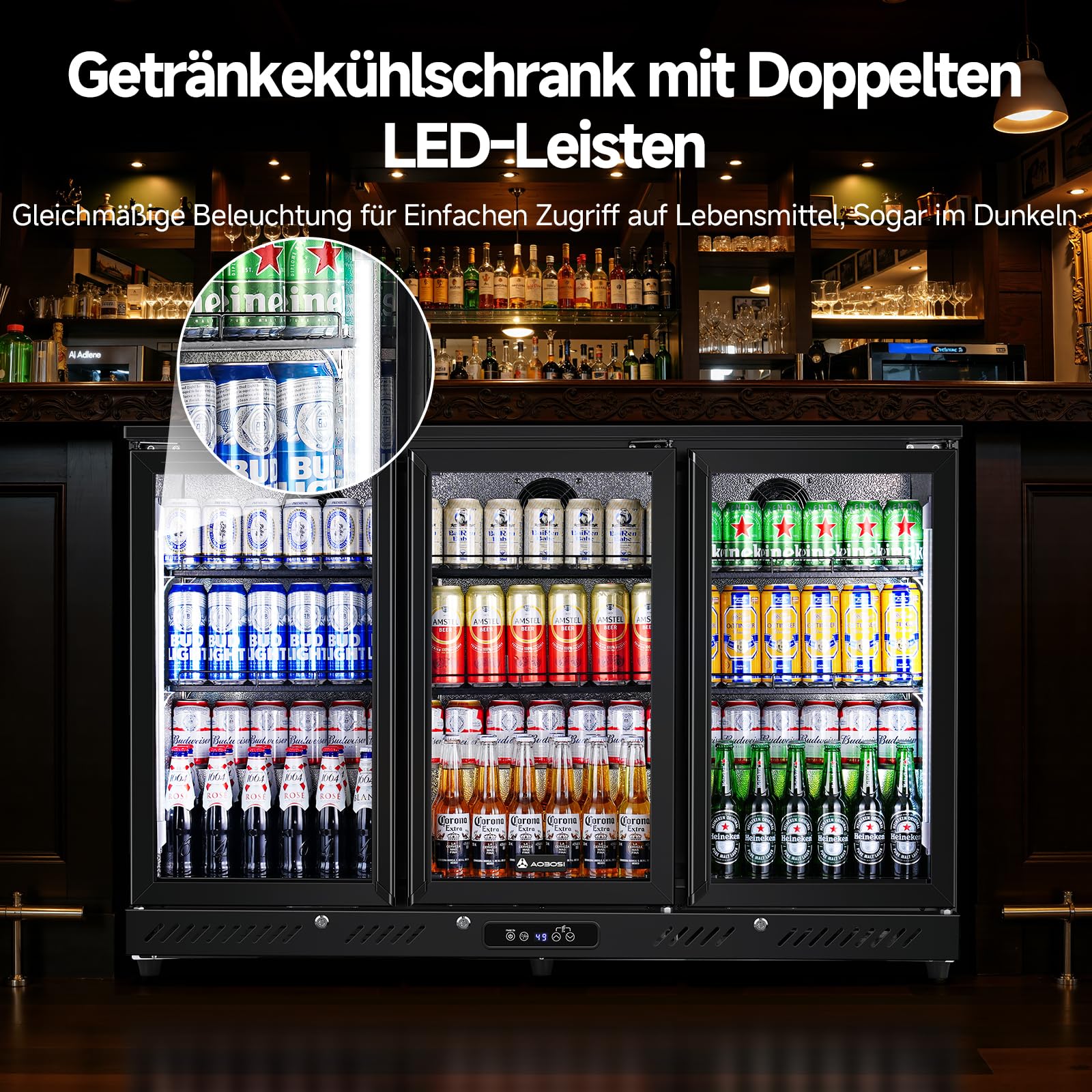 AAOBOSI Bierkühlschrank 339L Touch-Display 0–10°C LED-Seitenbeleuchtung Automatische Abtauung Sicherheitsschloss