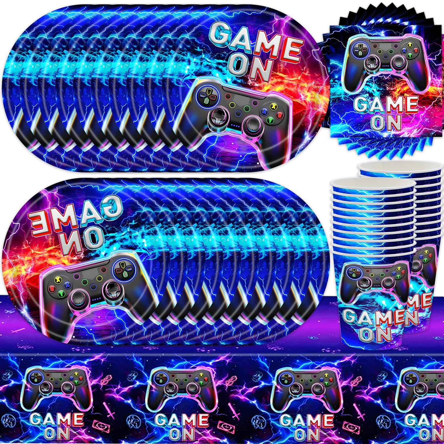 61Pcs Electronic Game Party Tableware Set, Game Controller Themed Supplies, Boy's Birthday Party Decoration, Purple Blue Plates, Cups, Tissues, Paper Cups, Tablecloths (20 Guests)