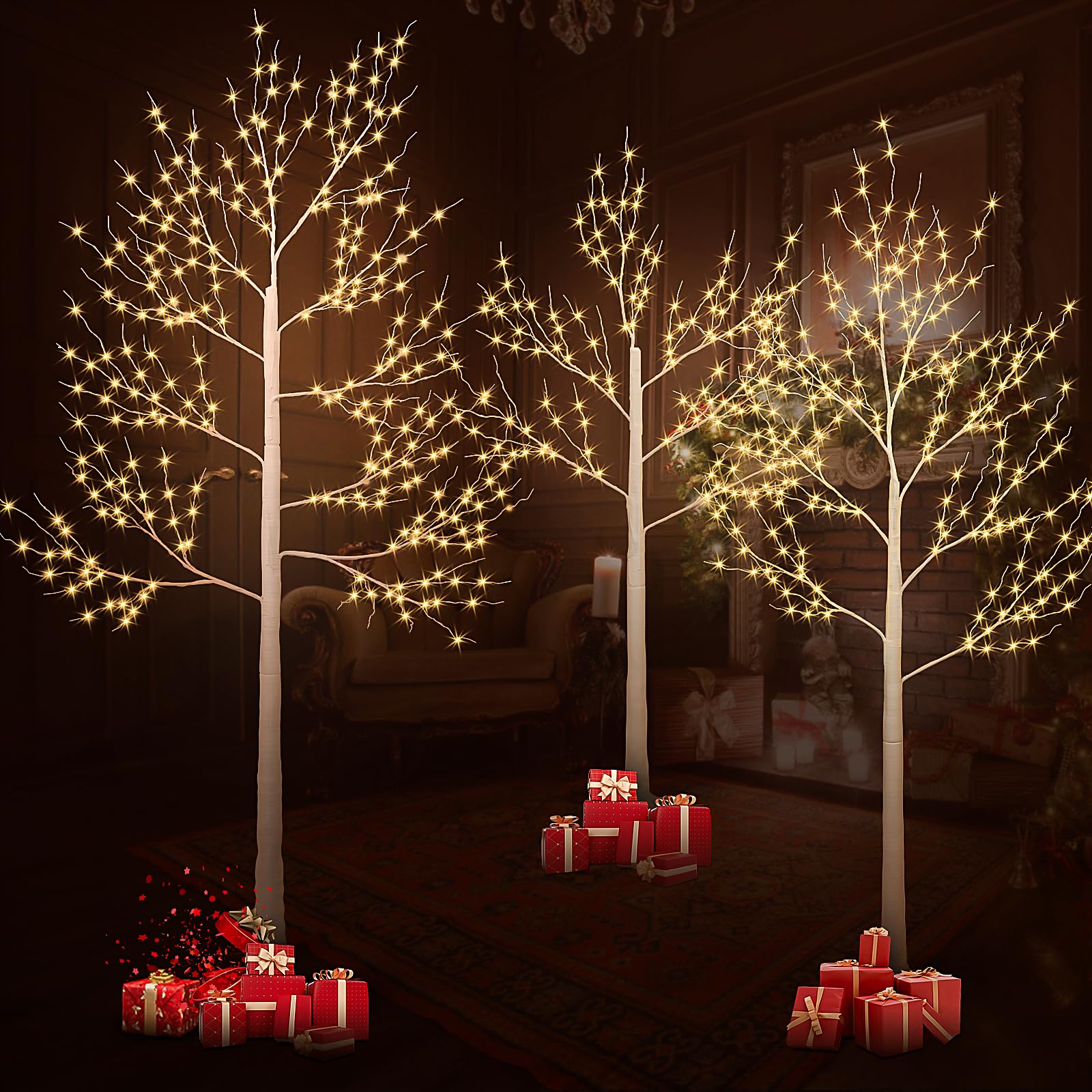 Birch Trees with Led Light in Warm Yellow, 4, 5, and 6 Feet Pack of 2 for Home, Festivals, Parties, and Christmas Decorations, Ideal for Indoor and Outdoor Use, Equipped with Timer Function.
