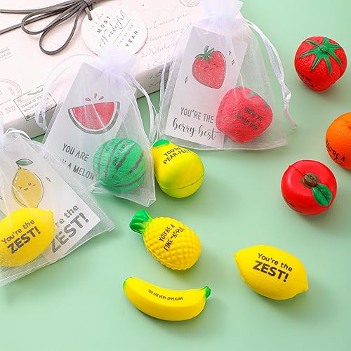 Miniatura 4 de Outus 24 juegos de bolas de frutas para el estrés con citas motivacionales, bolas de frutas para el estrés, juguetes con tarjetas inspiradoras,