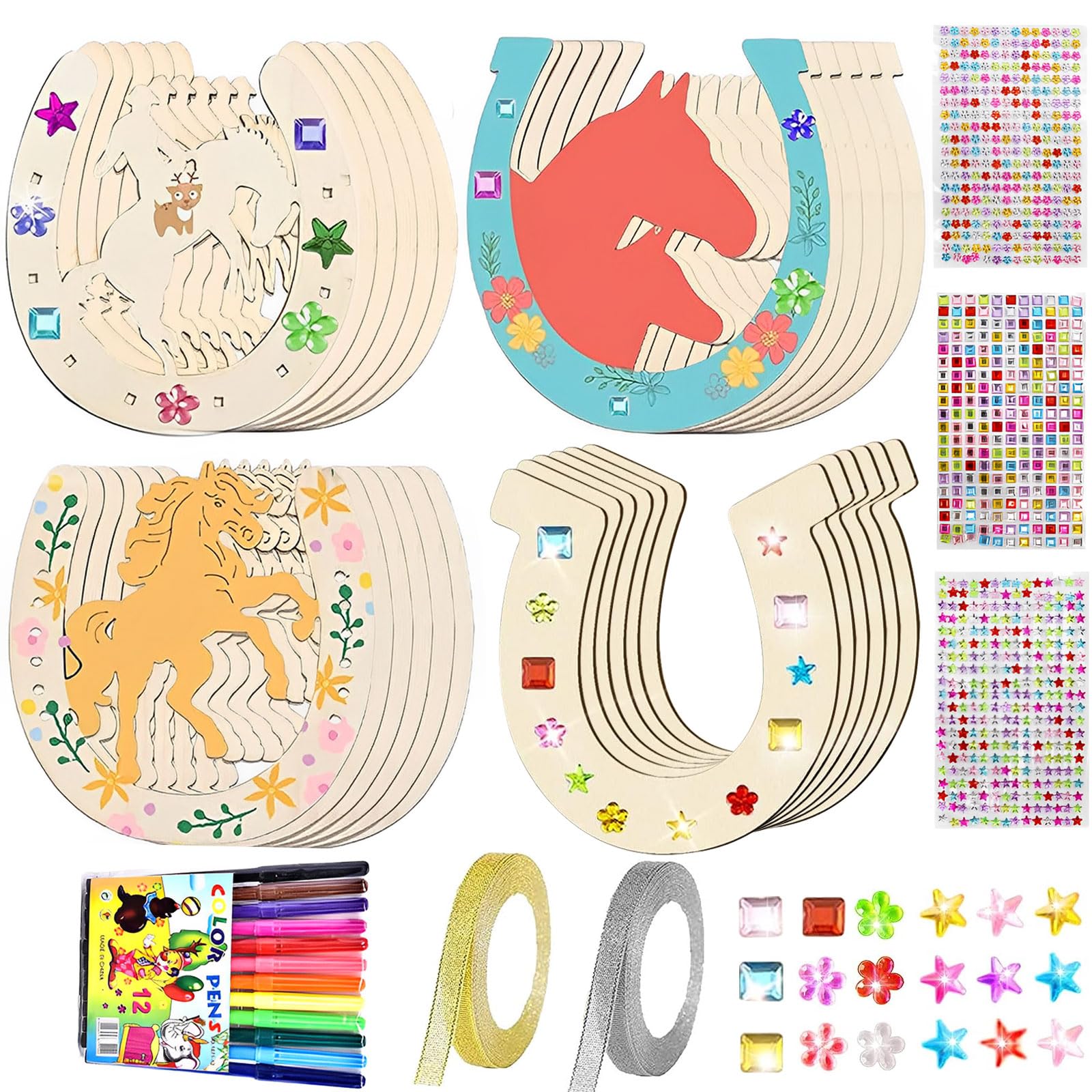 Herraduras de madera para cumpleaños infantiles, 24 unidades, discos de madera de herradura sin terminar, herradura, madera para pintar con 12 lápices de acuarela para decoración de cumpleaños