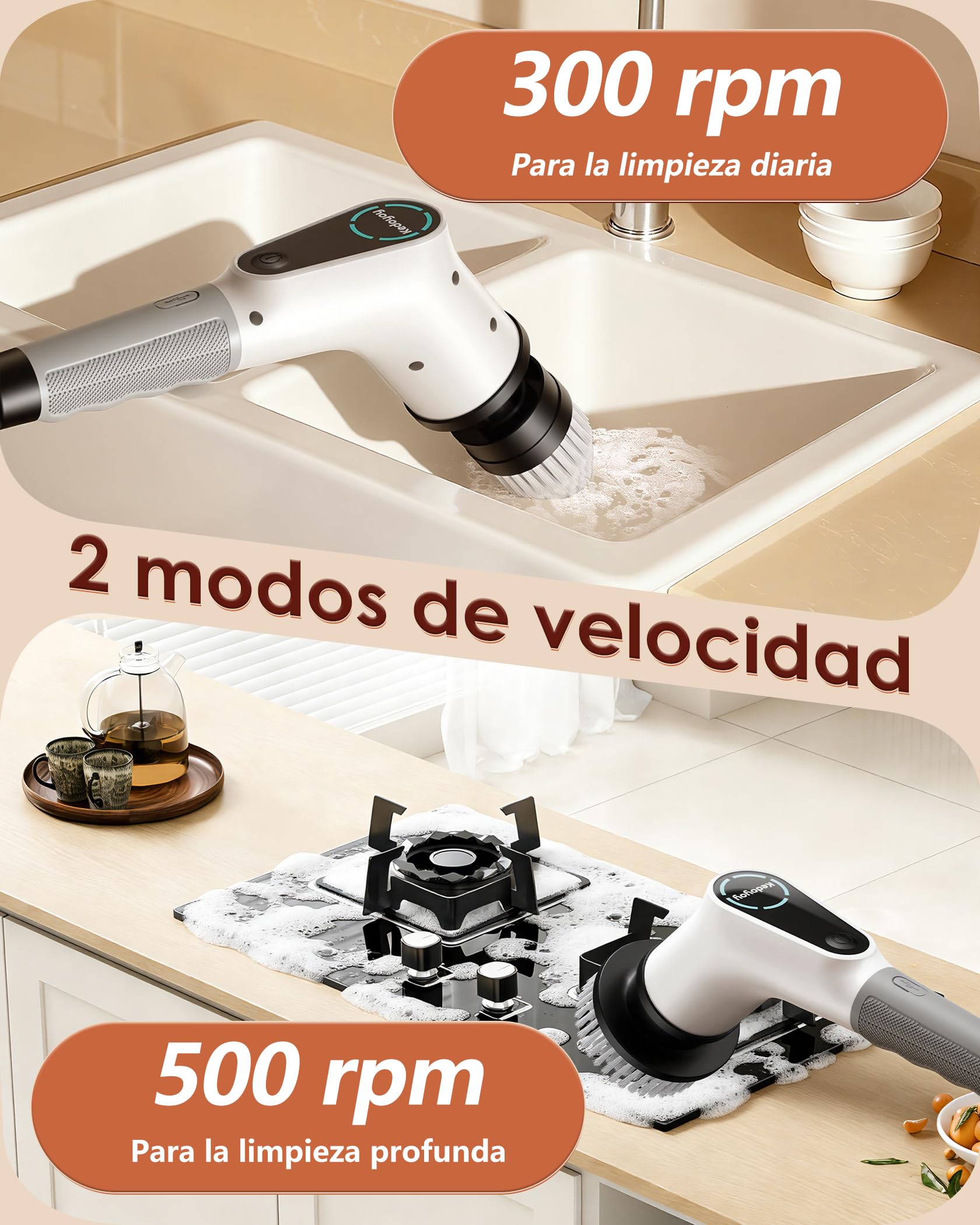 Cepillo Electrico Limpieza Hogar, Electric Cleaning Brush con 8 Cabezales Reemplazables, Electric Spin Scrubber con Mango Extensible, 2 Velocidades Ajustables, Para bañera, Lechada y Suelo de Baldosas
