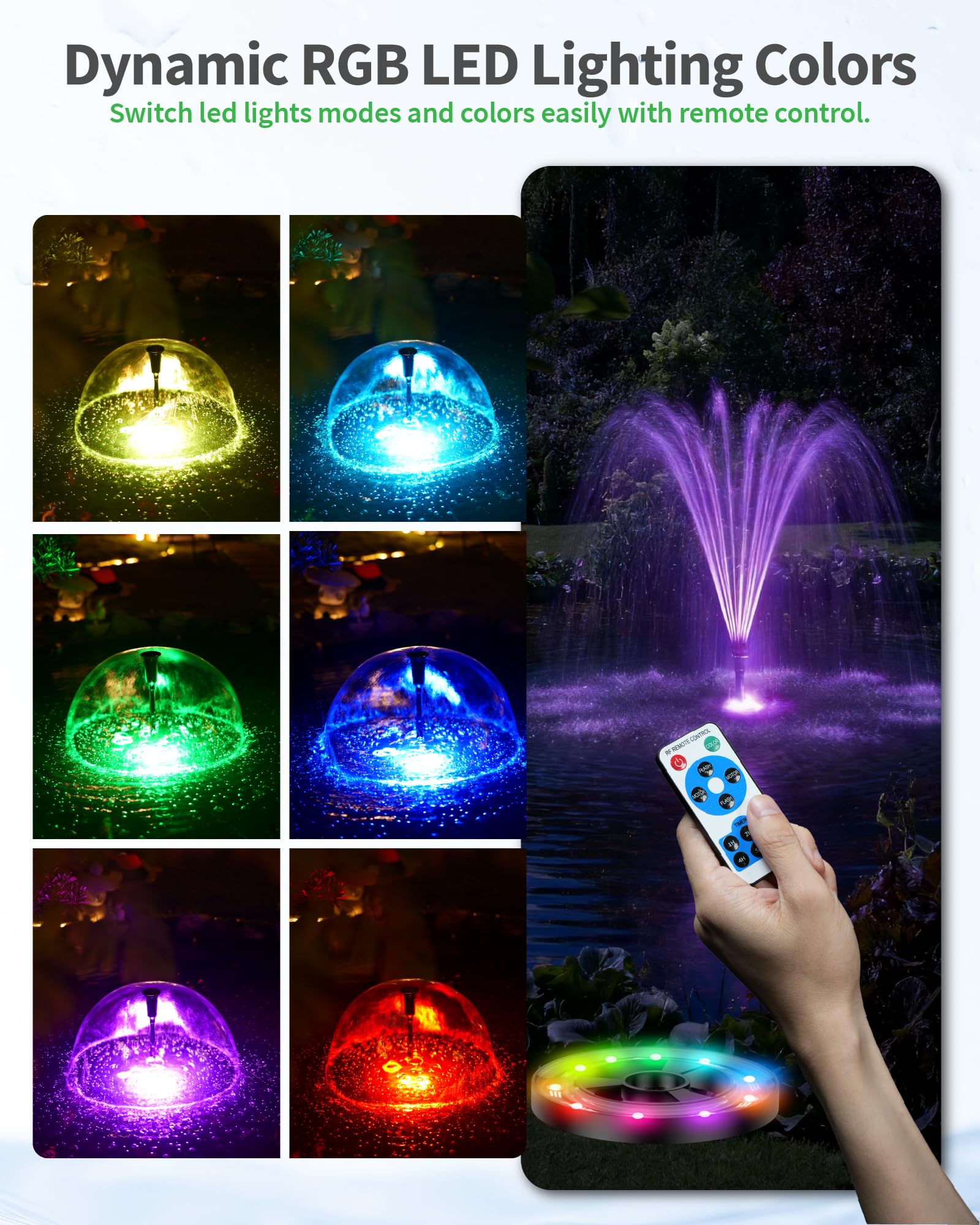 POPOSOAP Fuente para Estanque con Luces RGB - Bomba Sumergible 40W, Caudal 2100 l/h, Altura y Caudal Ajustables para Decoración Diurna y Nocturna del Estanque y Mejora de la Calidad del Agua