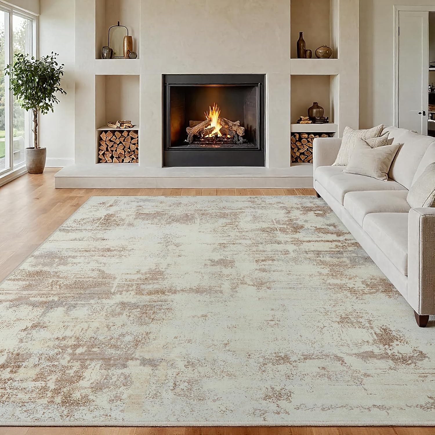 Area Rug Living Room Rugs: 8x10 Indoor Soft Fluffy Rug Abstract Carpet for Bedroom Kitchen Dining Room Floor Washable Plush Throw Large Accent Rug Home Office Nursery Decor - Beige 8' x 10' (Rectangular) Beige
