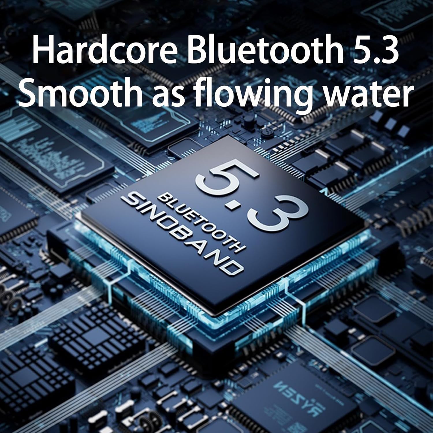 Close-up of a microchip labeled 'Bluetooth 5.3 SINOBAND', representing the speaker's advanced connectivity.