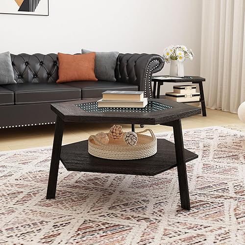 Miniatura 7 de Mesa de centro moderna, mesa de centro hexagonal de 31.49 pulgadas, mesa de centro inteligente con sensor activado por voz, iluminación LED, luces