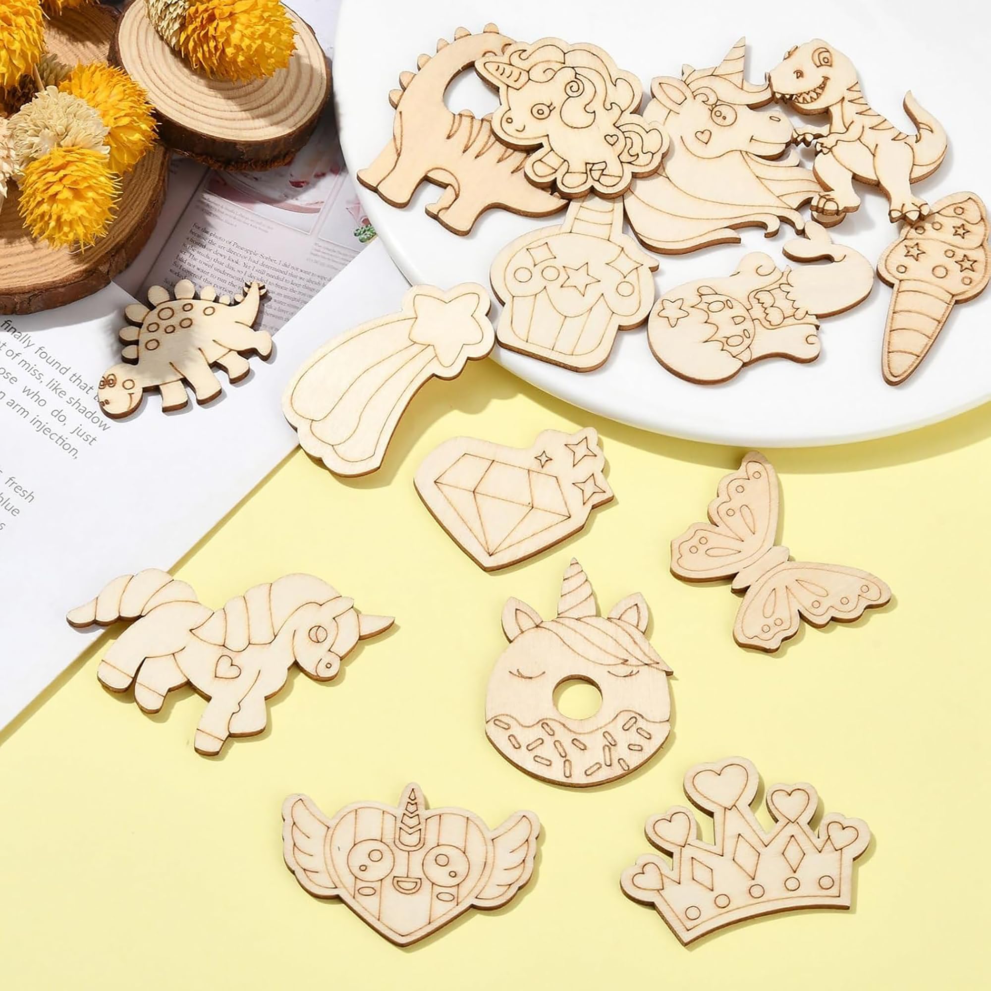 Cliths Pack of 28 Pcs Wooden Cutouts – Unicorn, Heart, Butterfly, Donut, Dinosaur Unfinished Craft Shapes for DIY Arts, Home Décor Wooden Painting Crafts 4