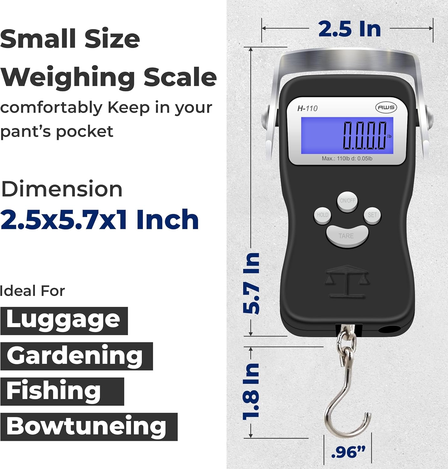 AWS Digital Luggage Scale, Fish Weighing Scale, Hanging Scale 110lb/50kg – Die-Cast Metal Construction, Built-in Tape Measure, Hook & Handle – for Travel, Fishing, Archery, Hunting, Outdoor (Black)