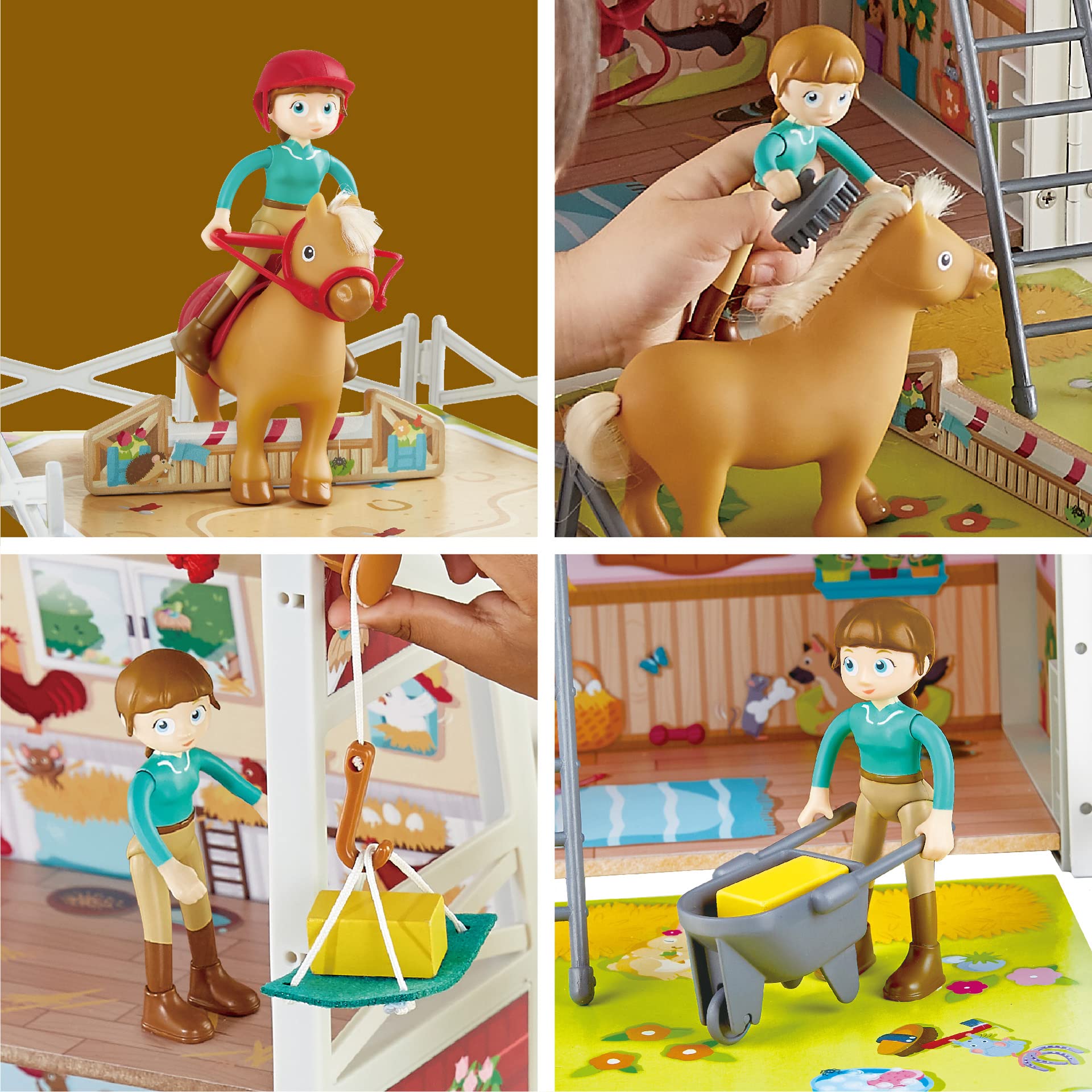 Hape Ranch Pony Club - Casa delle bambole compatta con scuderia richiudibile per gioco di ruolo a tema cavalli dai 3 anni