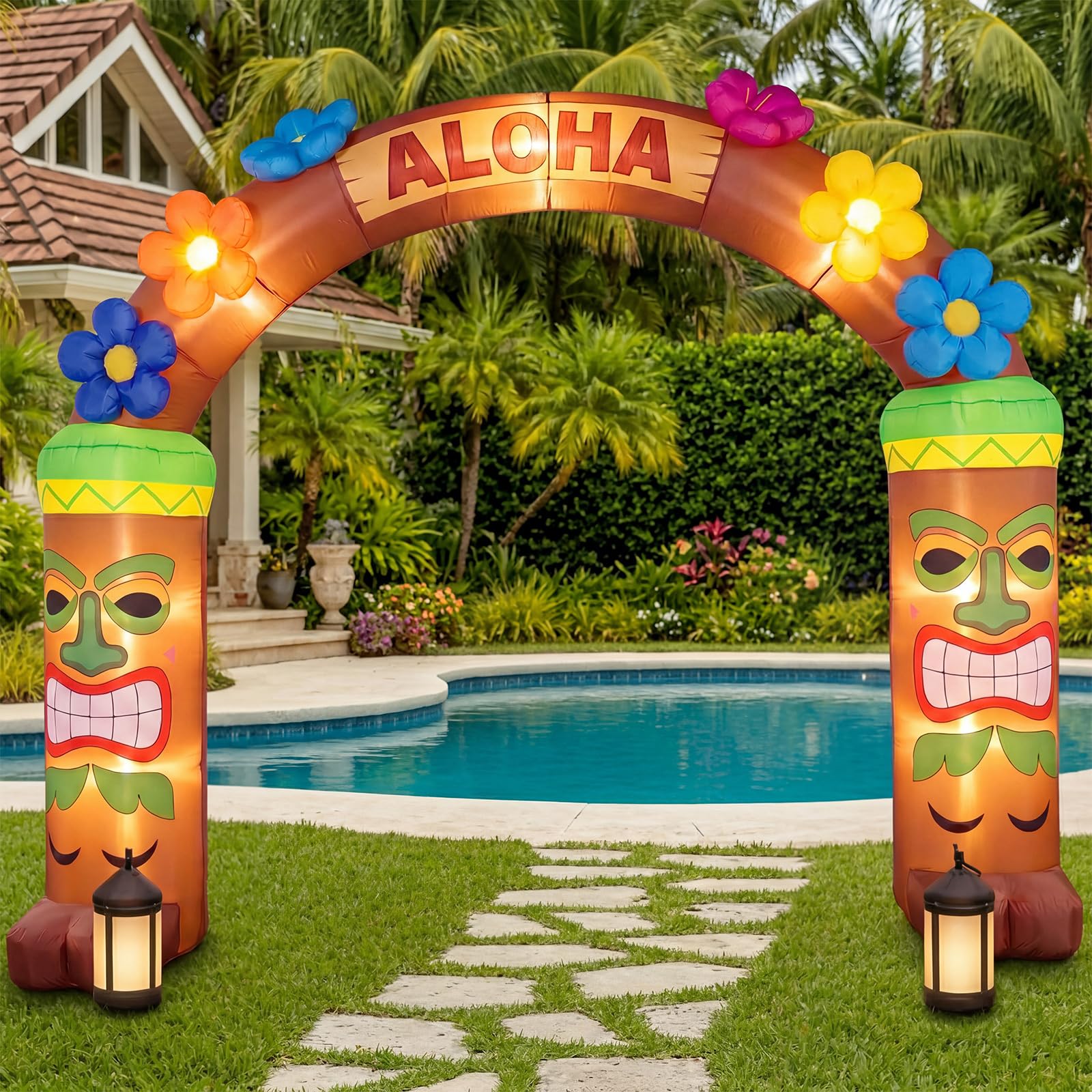 Arco gonfiabile Luau hawaiano da 3 m, decorazione estiva illuminata a LED, decorazione estiva Aloha Tiki per feste, per l'estate, tropicale, spiaggia, piscina, interni ed esterni, prato