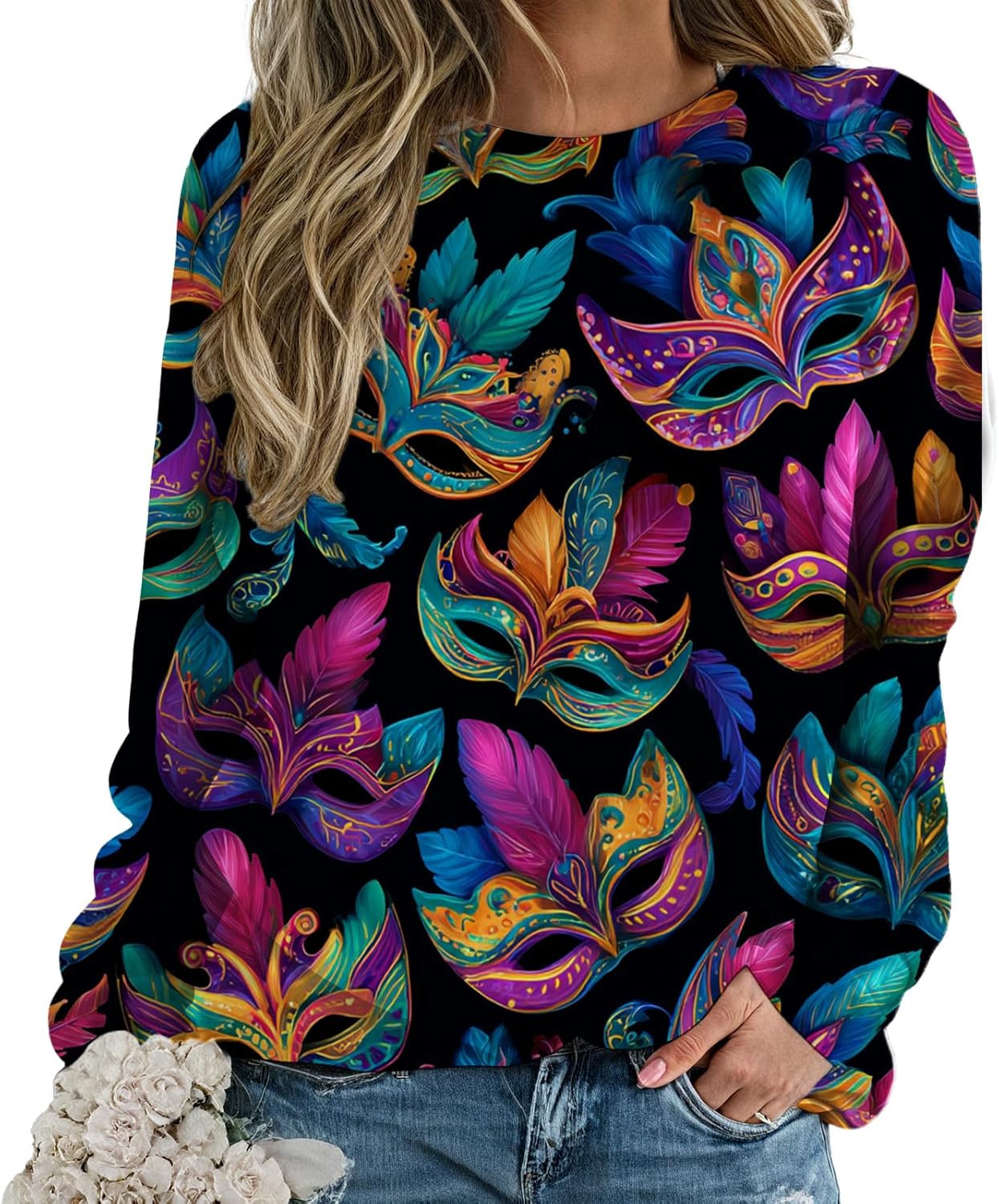 Womens Mardi Gras Tops Funny Print Crewneck New Orleans Carnival Sweatshirts Plus Size Casual Pullover Outfits