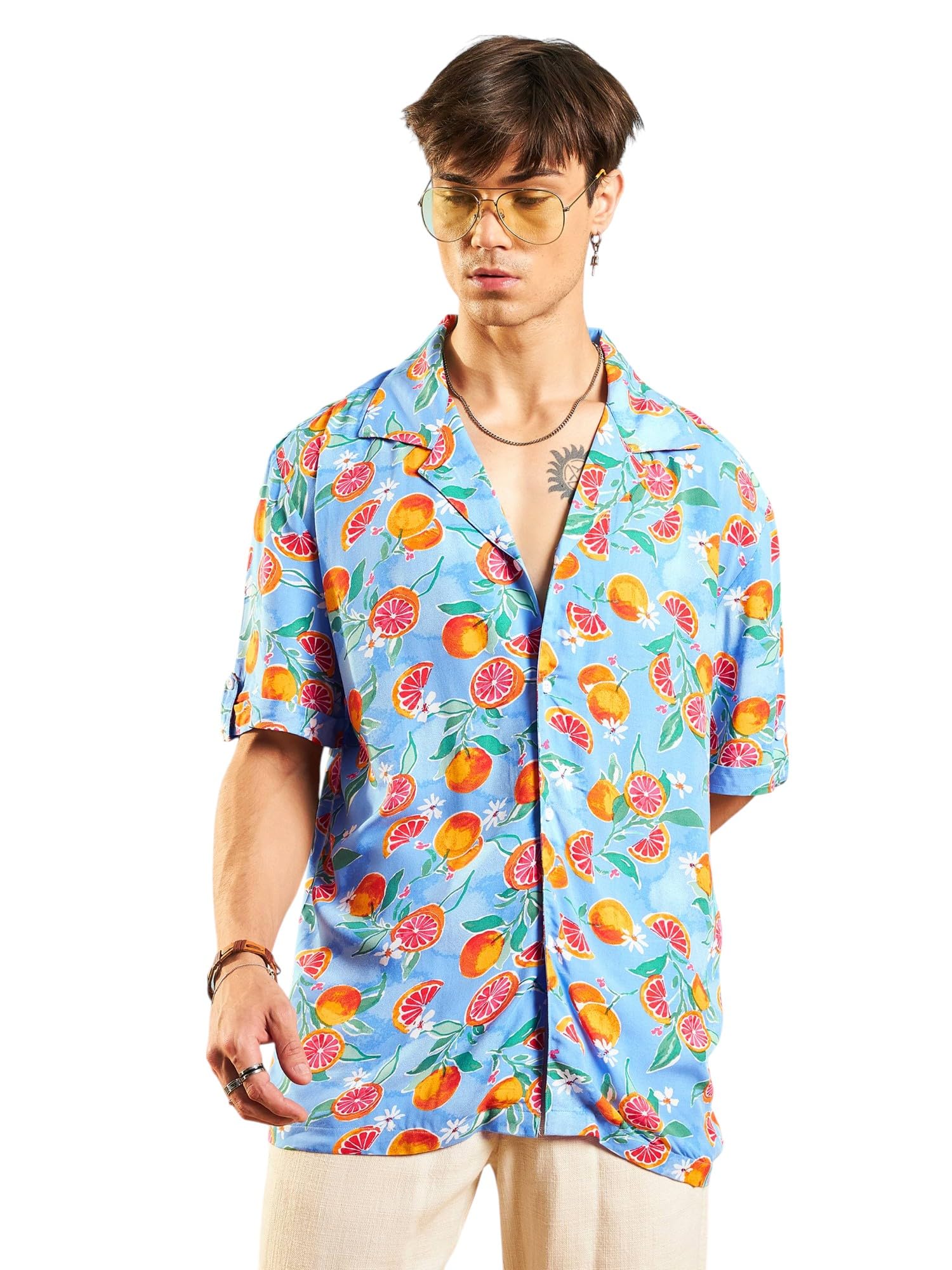 SASSAFRAS Blue Fruit Print Relax Fit Shirt in blue
