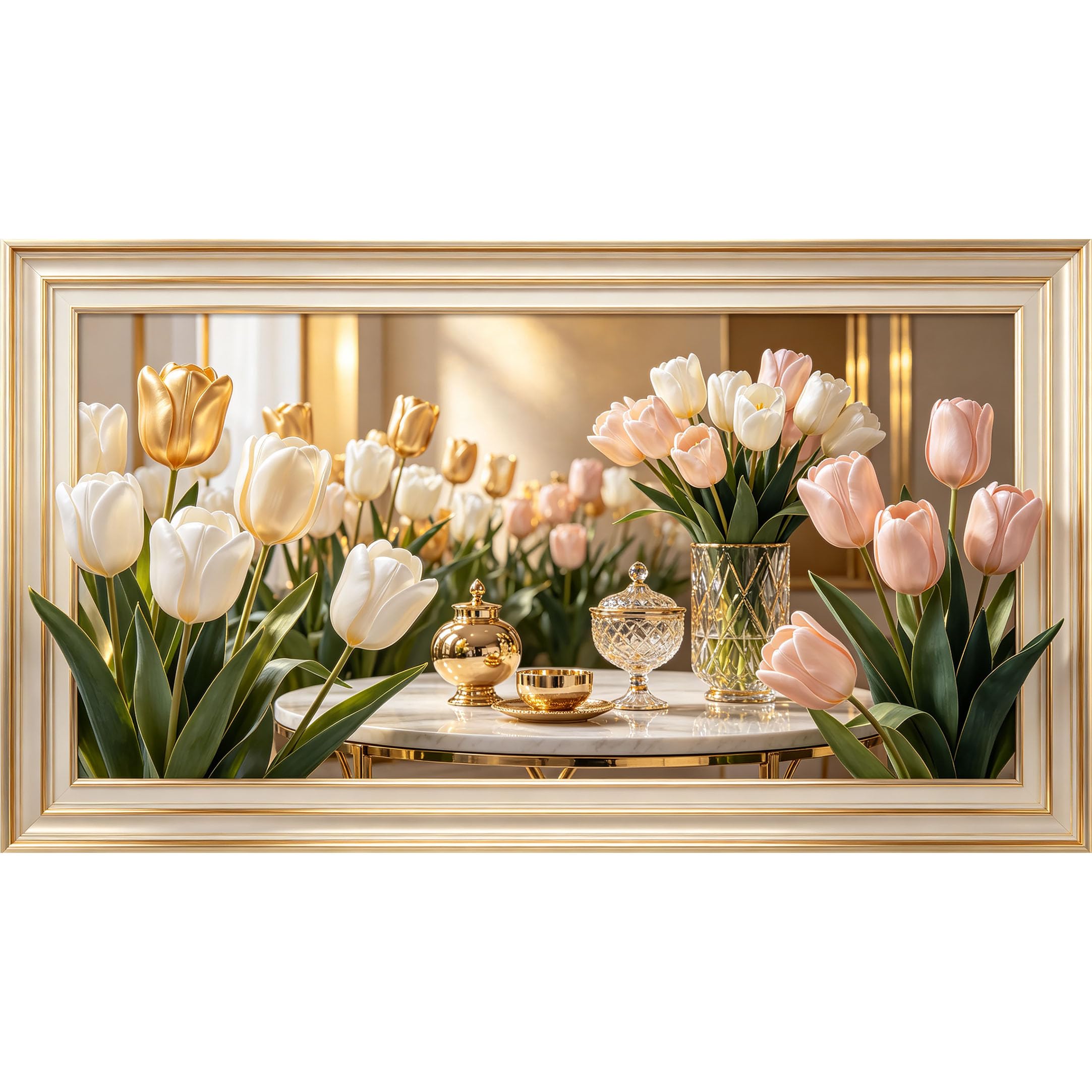 QZLITHOTIC 50x90cm3D Framed Wall Art， Elegant Tulip Bouquet Botanical Self‑Adhesive Mural， Water‑Activated Peel & Stick Fabric Decor Wall Decal for Bedroom Living Room