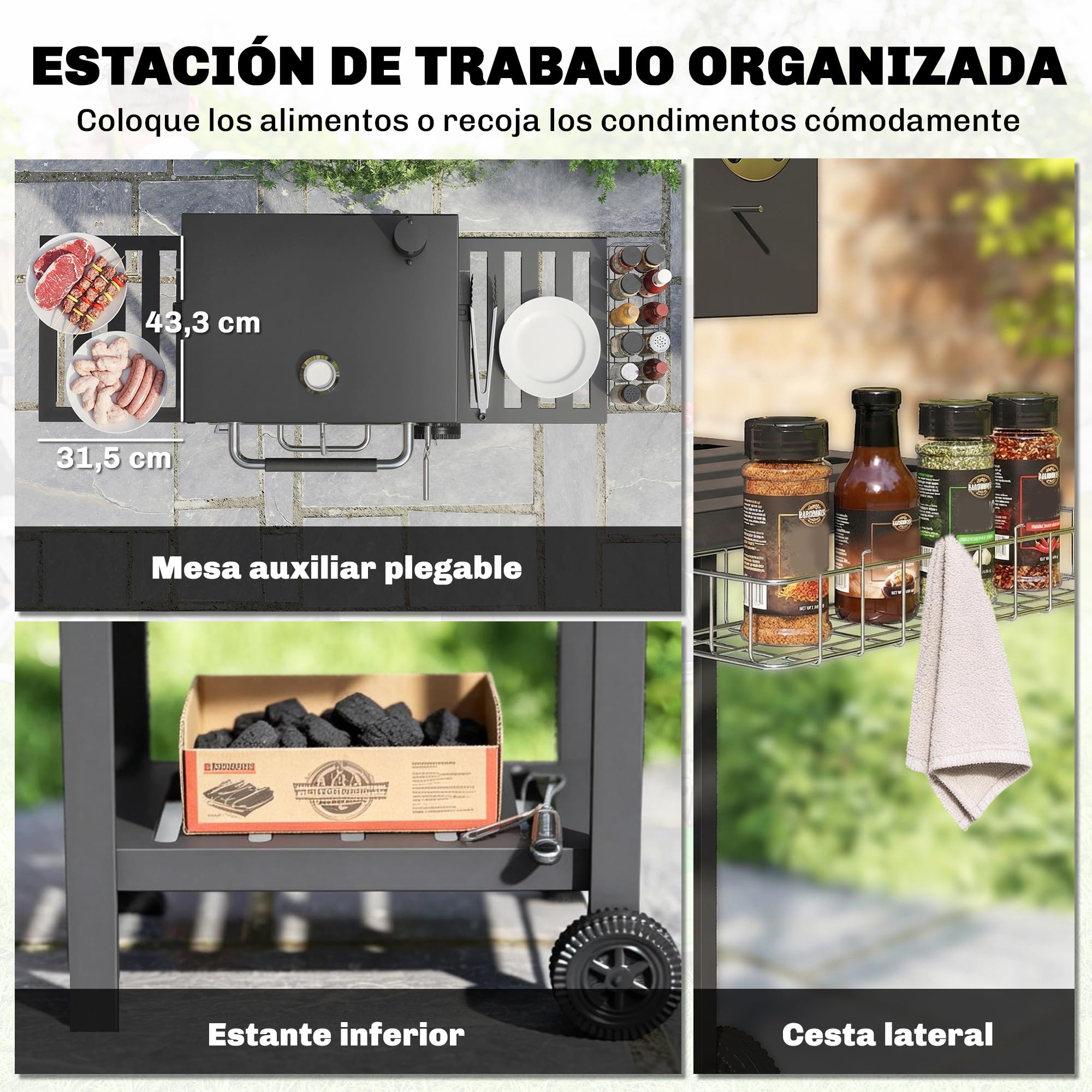 Outsunny Barbacoa de Carbón Portátil, Bandeja Ajustable, Tapa, Negro | Estantes Plegables, Termómetro, Chimenea, Ventilaciones, Cajón de Cenizas, Ruedas