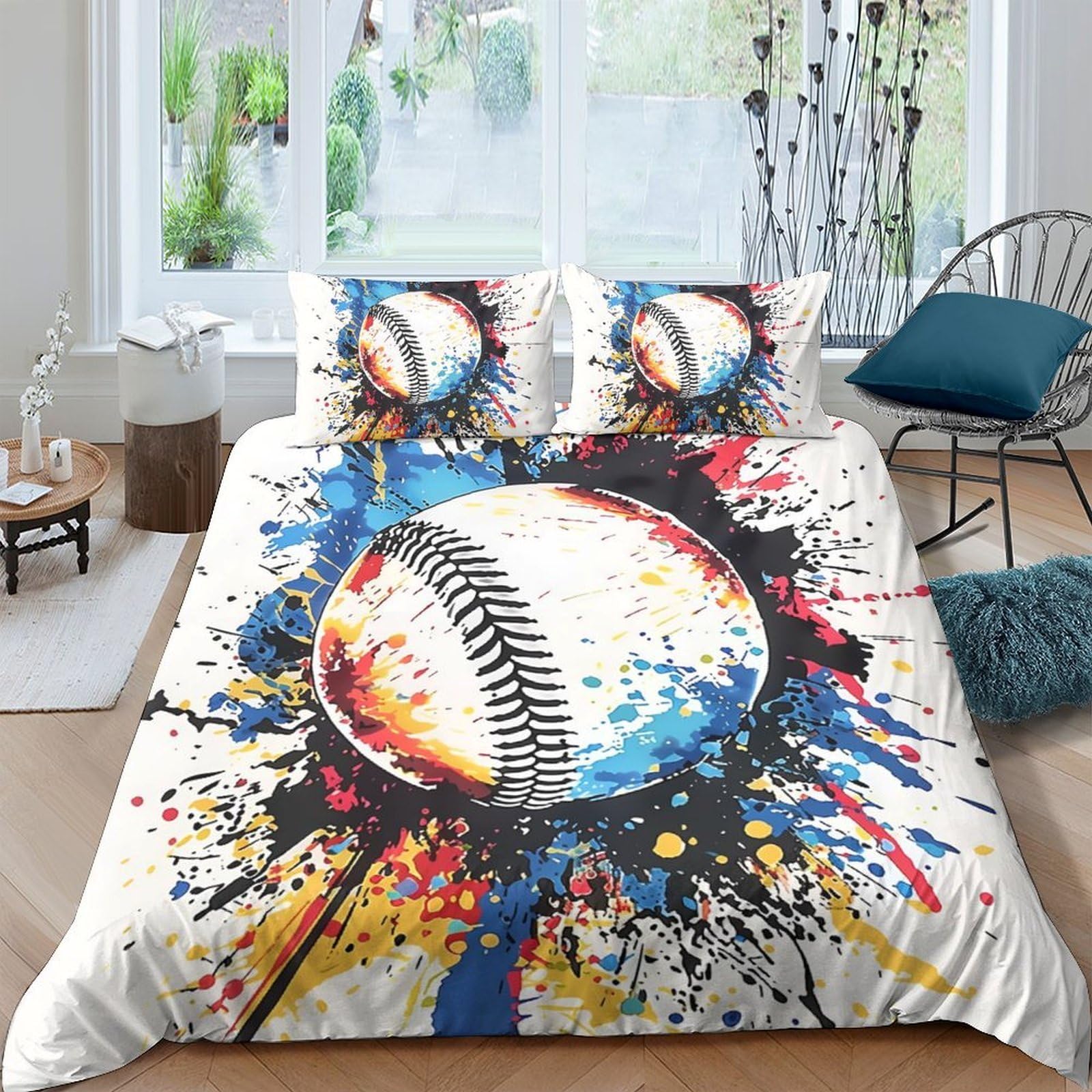 GPLZQXKJNH 3D Printed Baseball Splash Duvet Cover Microfiber Soft Breathable Graffiti Bedding Set with 2 Pillowcases for Bedroom Decor Single（135x200cm）