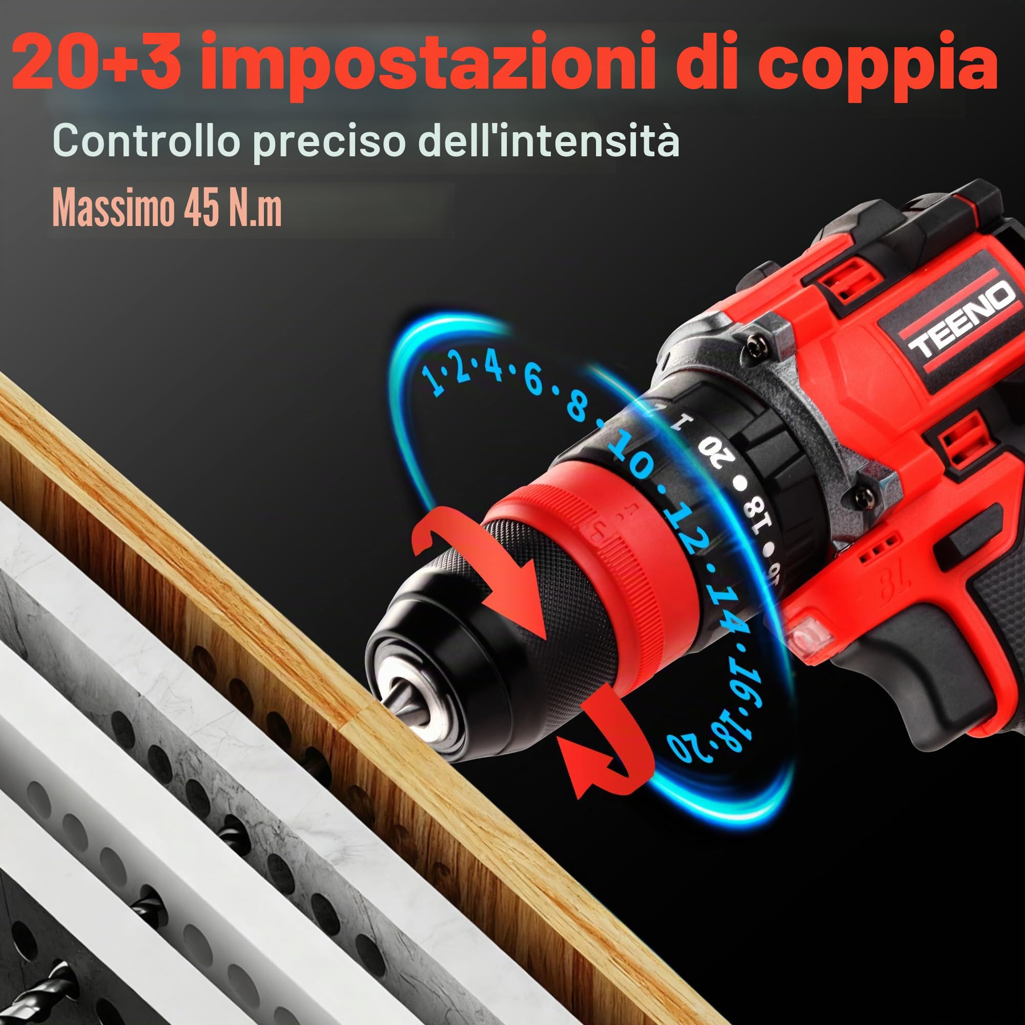 TEENO Avvitatore a batteria 18 V senza spazzole professionale, kit trapano wireless, 20+3 velocità, 45 Nm, 2 velocità, con 4 testine multifunzione