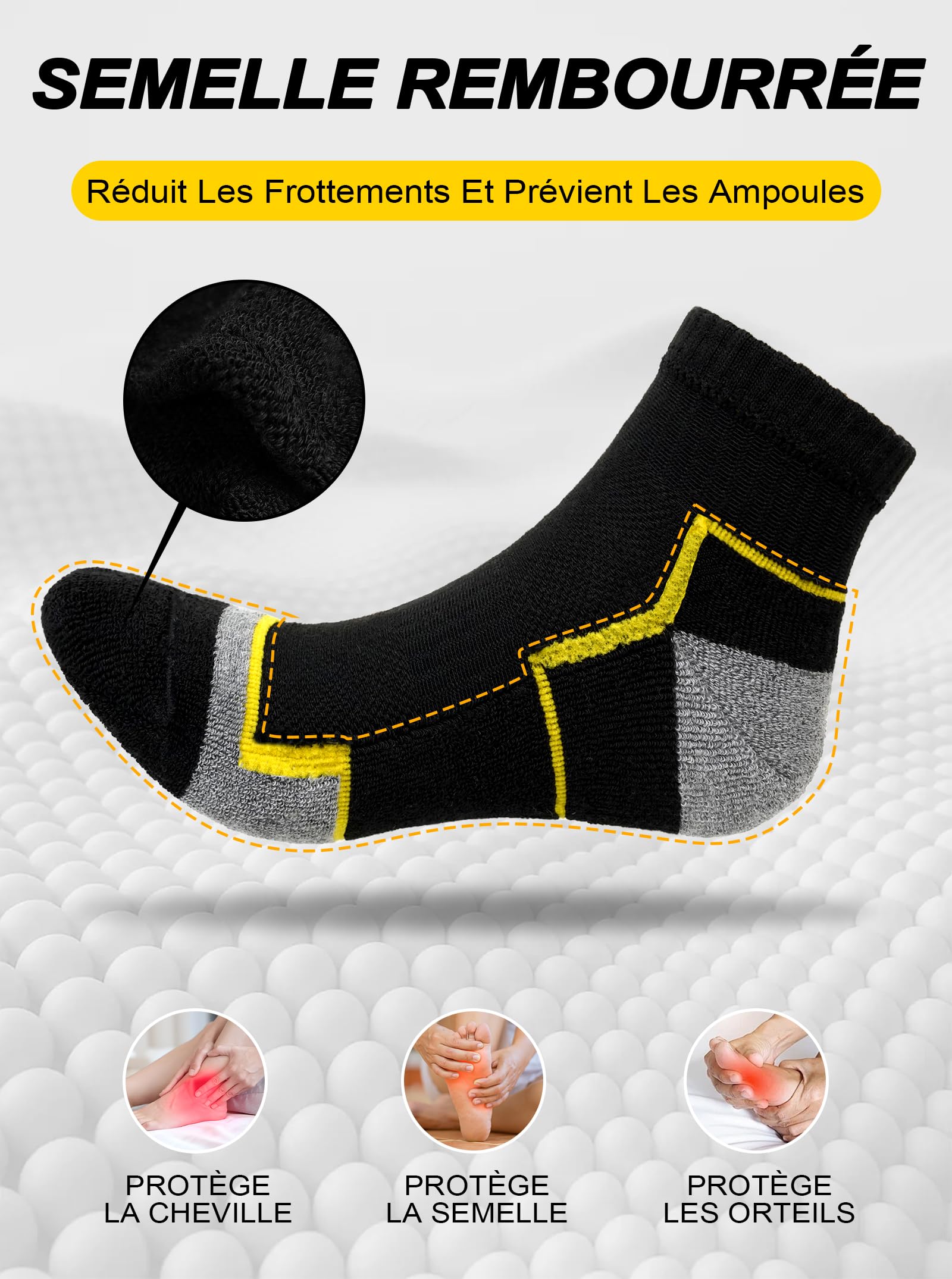 Chaussettes Travail Homme Femme: Chaussettes Anti Ampoule Respirantes Renforcées Talon & Pointe Sans Couture Rembourrées Avec Semelle Acolchonée Pour Chaussure de Sécurité Construction Sport
