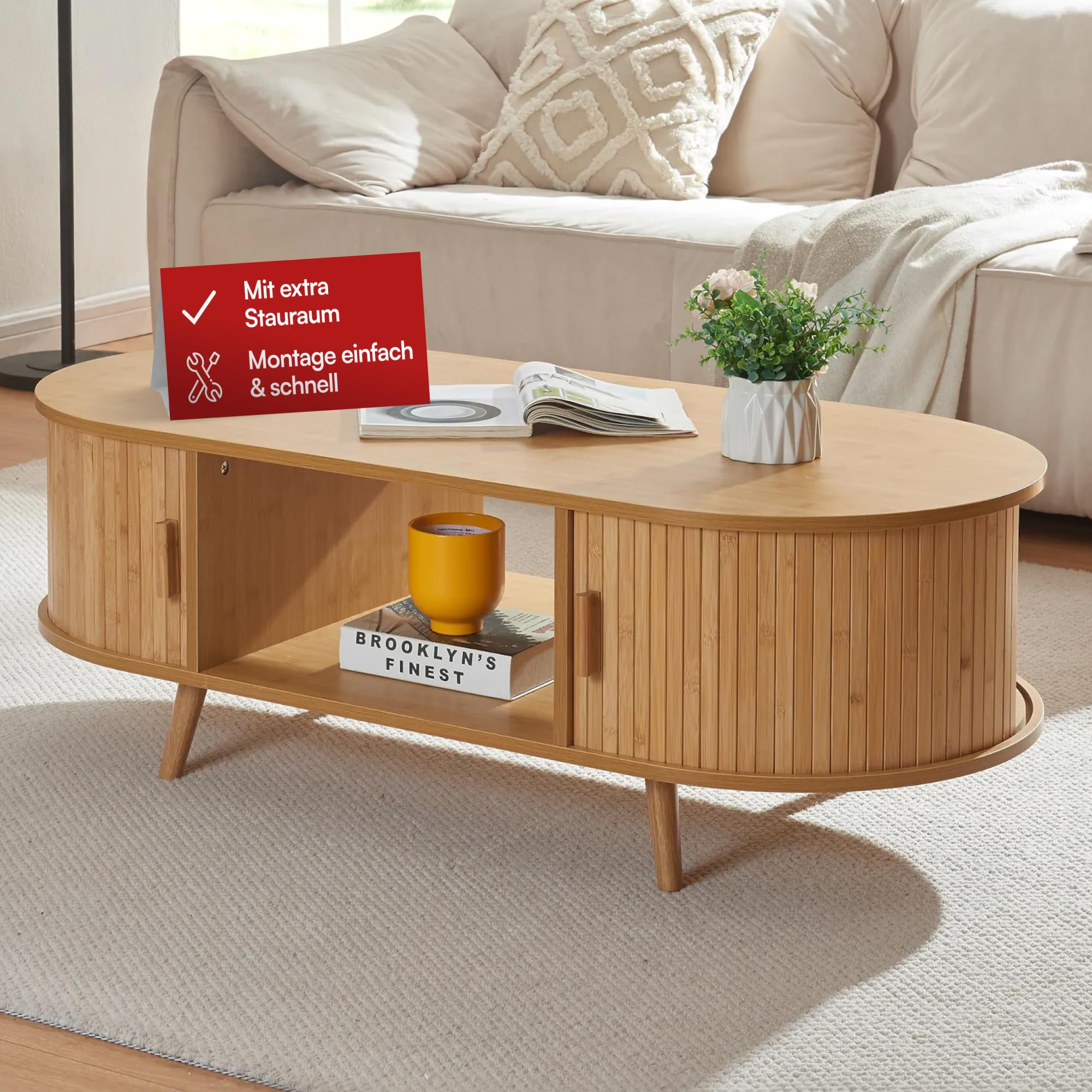 [en.casa] Couchtisch Nordkapp Wohnzimmertisch mit 2 Schiebetüren Bambus Sofatisch mit Stauraum Kaffeetisch Holzbeine 120 x 55 x 40 cm