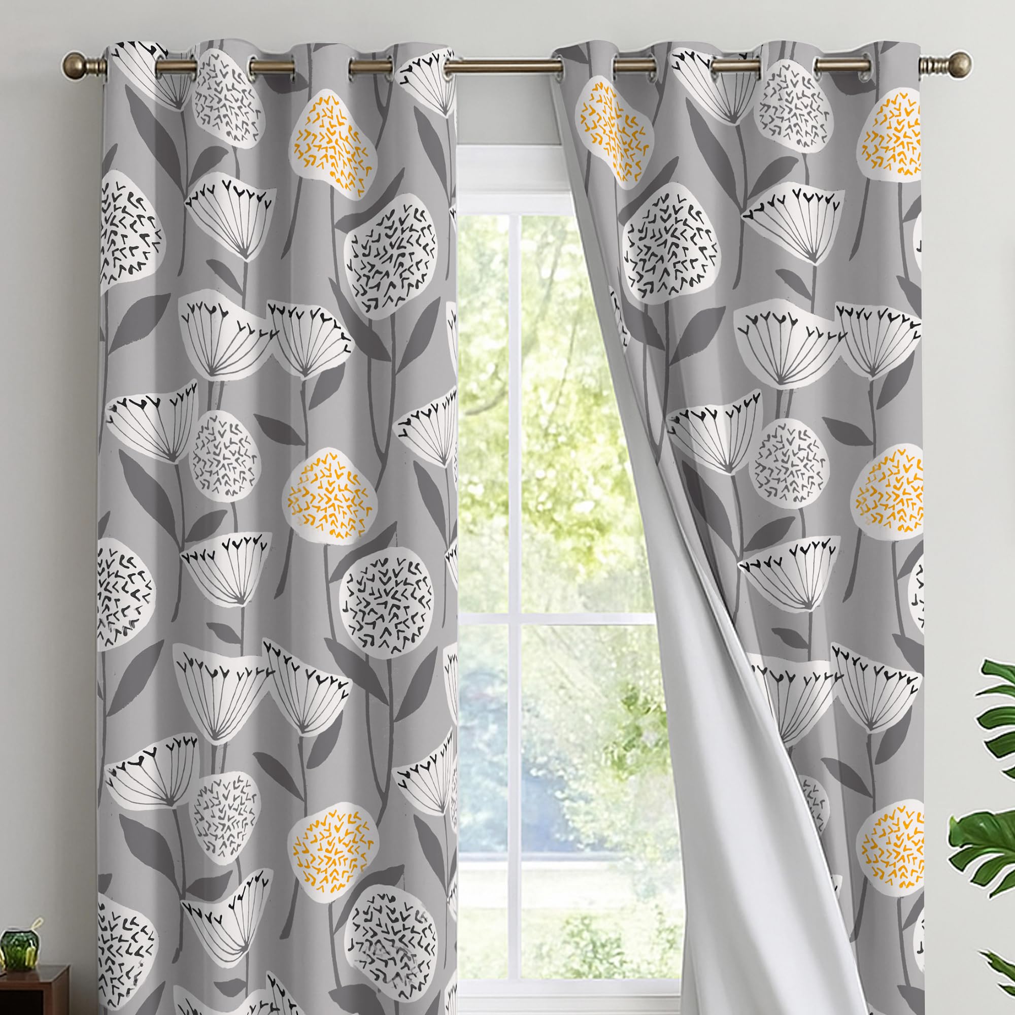 Reliancebedding 100% Blackout Curtains 54 Inch Drop – Elegant Printed Thermal Insulated Window Curtains for Bedroom & Living Room, W46 x L54 Inch, Floral Gray, 2 Panels