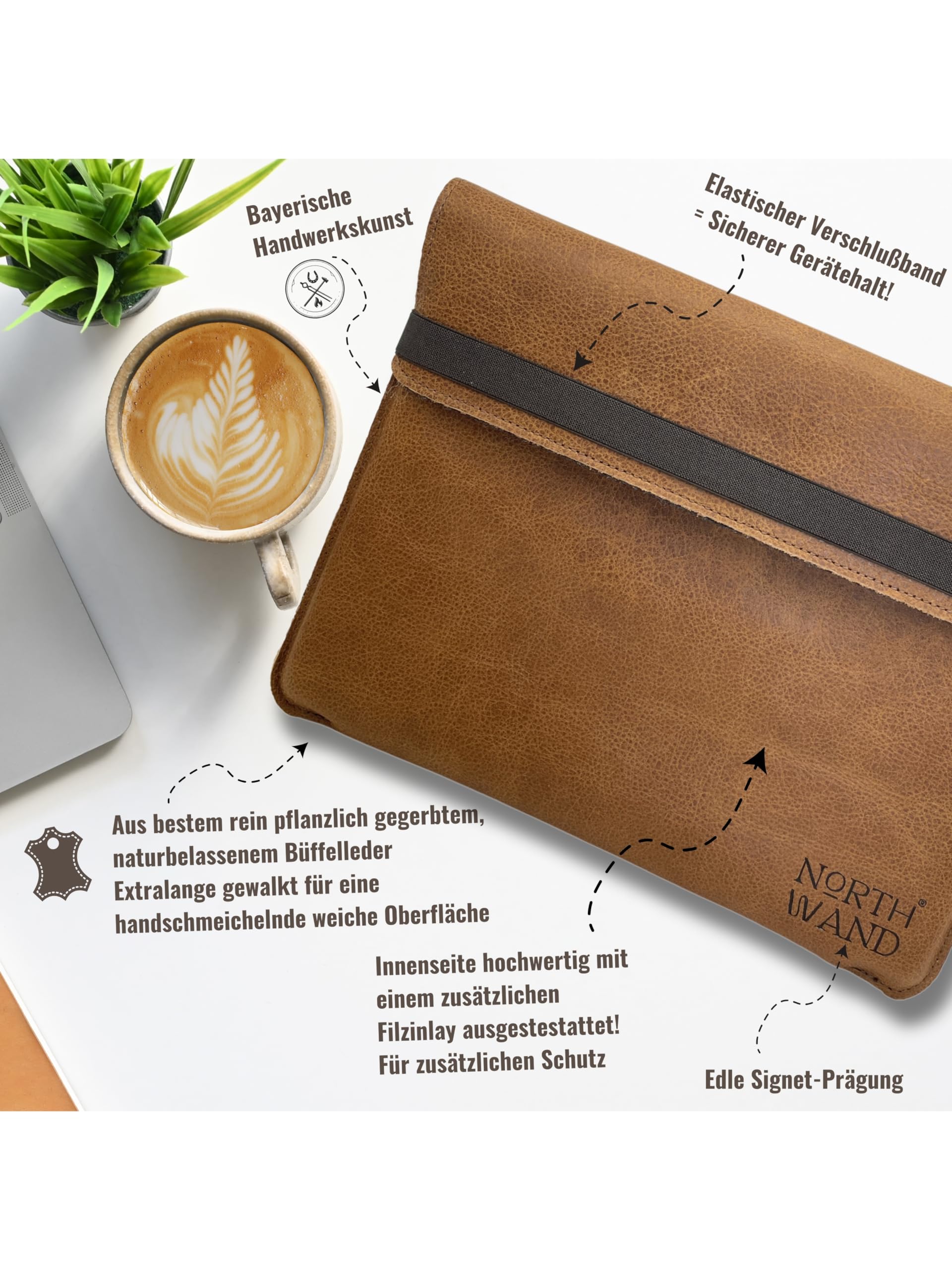 NorthWand Pokrowiec na MacBook Air 15 (M2), Pro 16 (M2), HP & Lenovo 15,6", notebooki 15-16". Etui, etui ze skóry garbowanej roślinnie z wytłoczeniem Signet. Handmade in Germany. Kolor brązowy