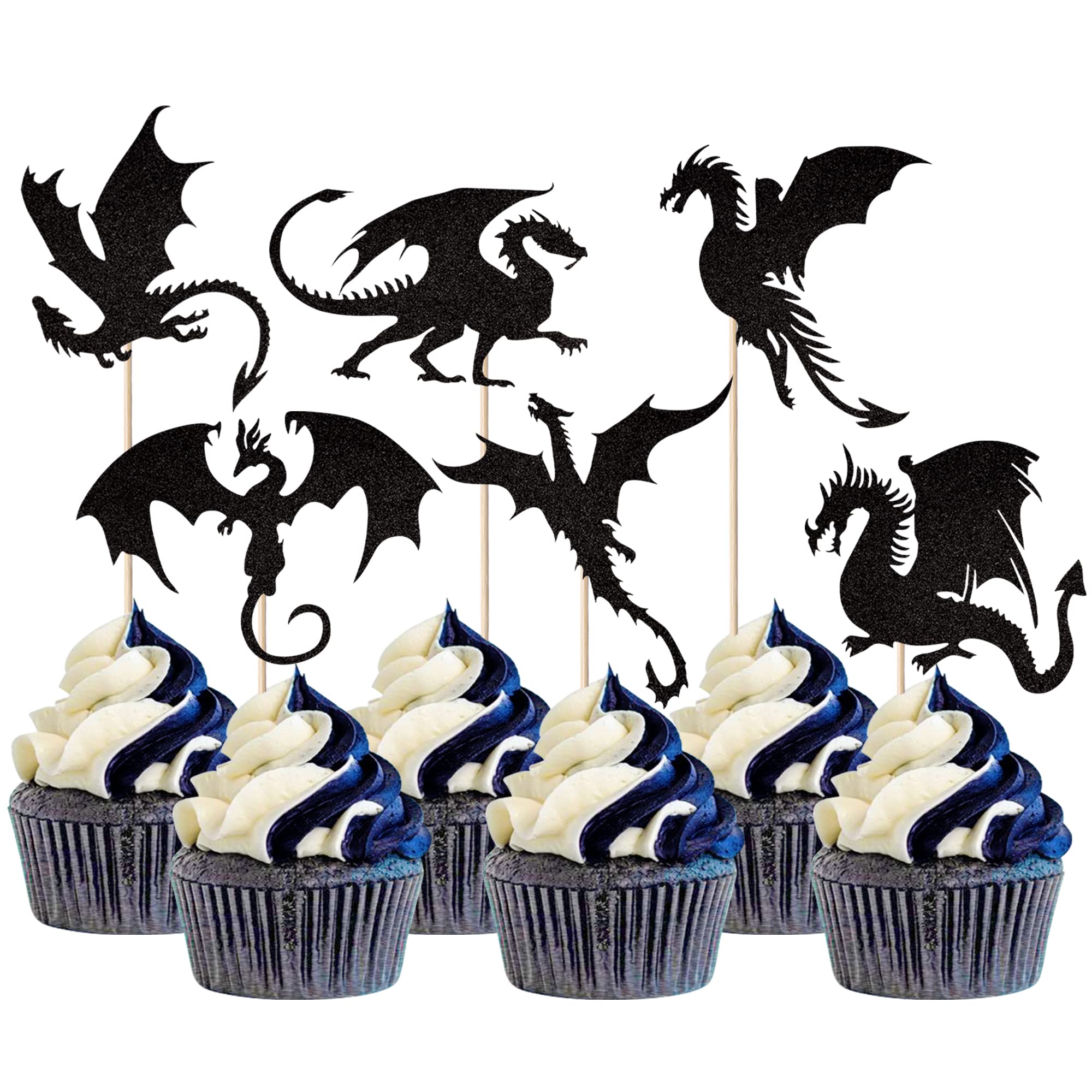 24 Pack Dragon Cupcake Toppers Glitter Fantasy Birthday Cupcake Picks for Flying Dragon Theme Baby Shower Kids Birthday Party Cake Decorations Supplies Black