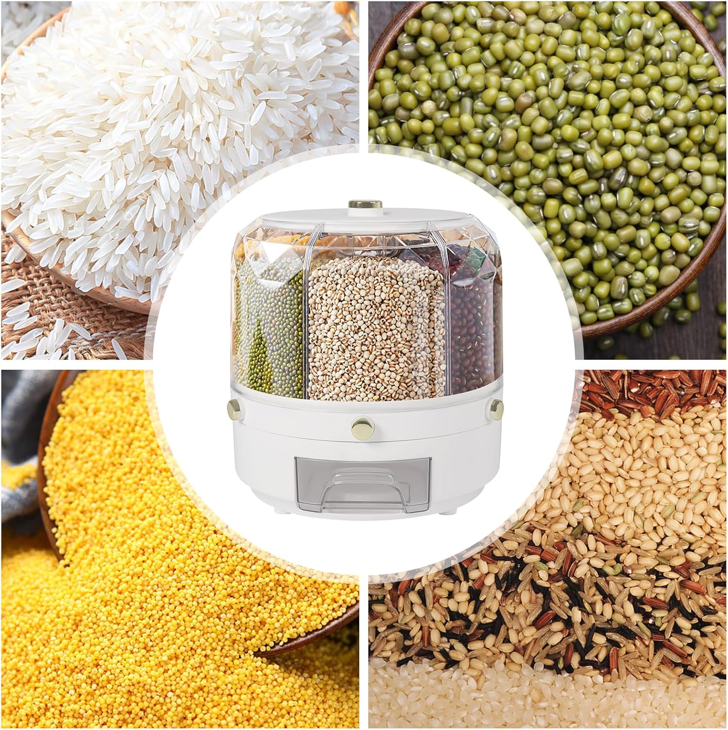 Food grain dispenser, 6-compartment rice and grain storage container, rotatable
