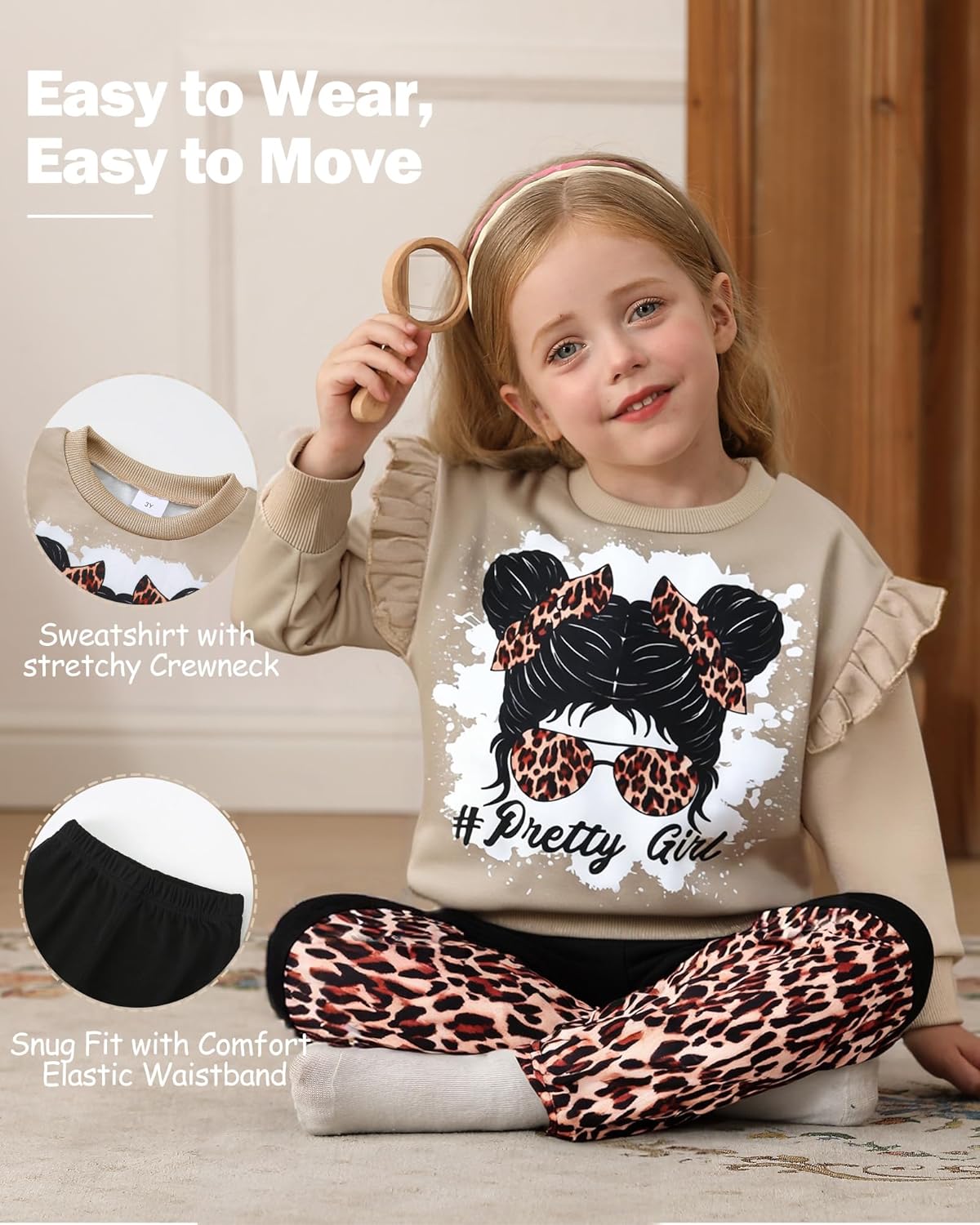 Jecson Toddler Girl Clothes Ruffle Long Sleeve Figure Graphic Sweatshirt and Leopard Pants Fall Winter Outfits Set 2-8Y - Image 3