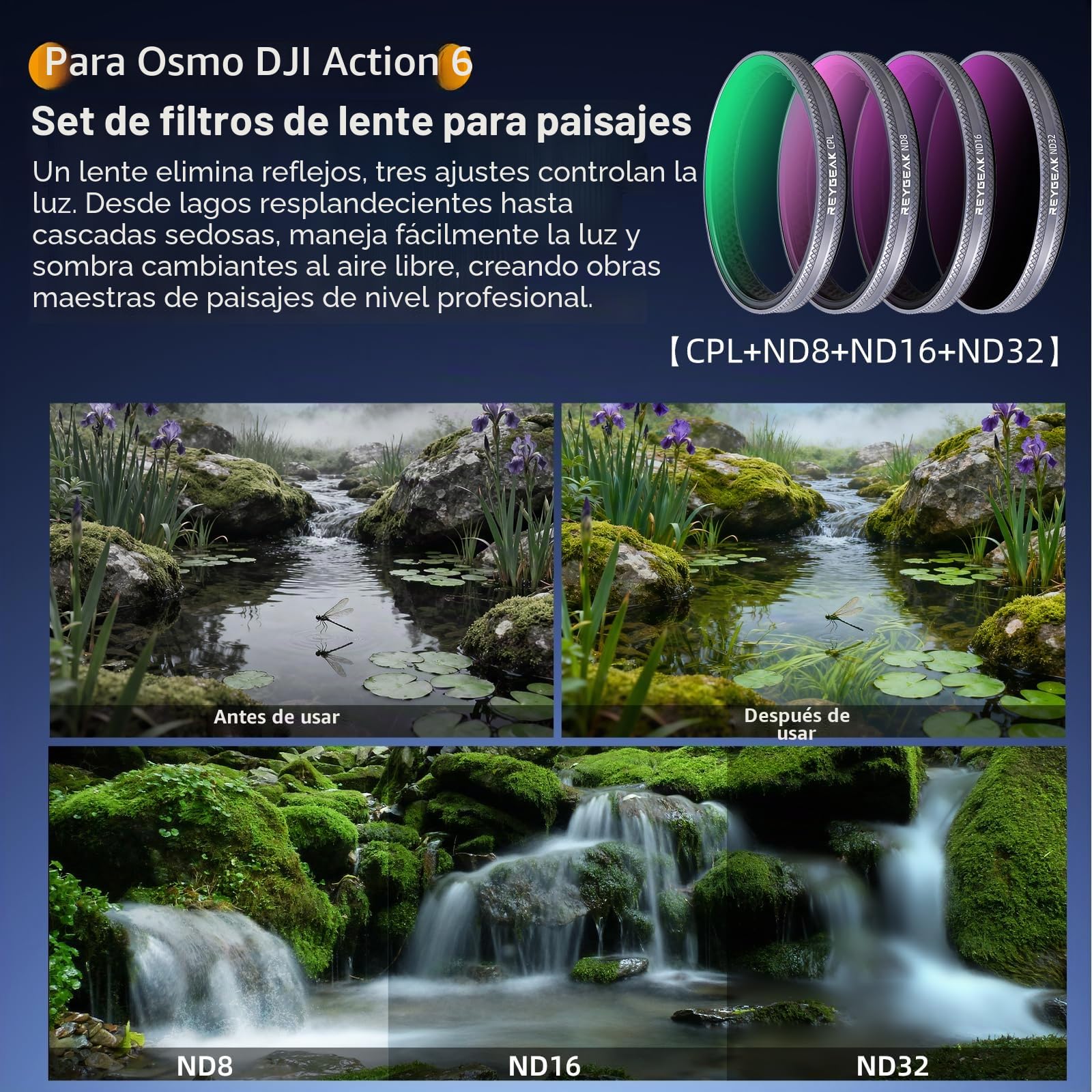 REYGEAK Juego de filtros para dji Osmo Action 6, 4 Piezas CPL ND8 ND16 ND32, Vidrio Óptico HD Multi-Recubierto, Filtros de Lente Polarizante de Densidad Neutra, Marco de Aluminio