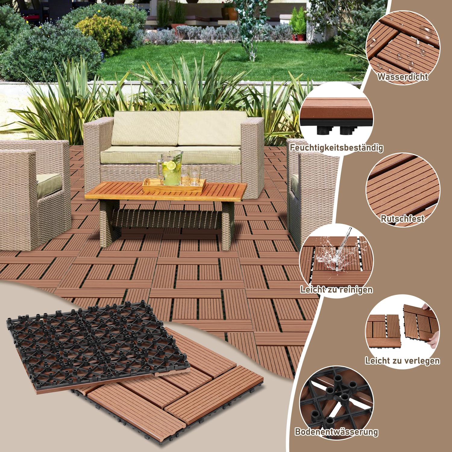 110er Set WPC Terrassenfliesen, 30x30cm Balkonfliesen Klickfliesen, WPC Fliesen für 10m², Bodenbelag mit Drainage und Klicksystem, Terrassendielen Wasserfest, für Balkon Terrasse, Braun