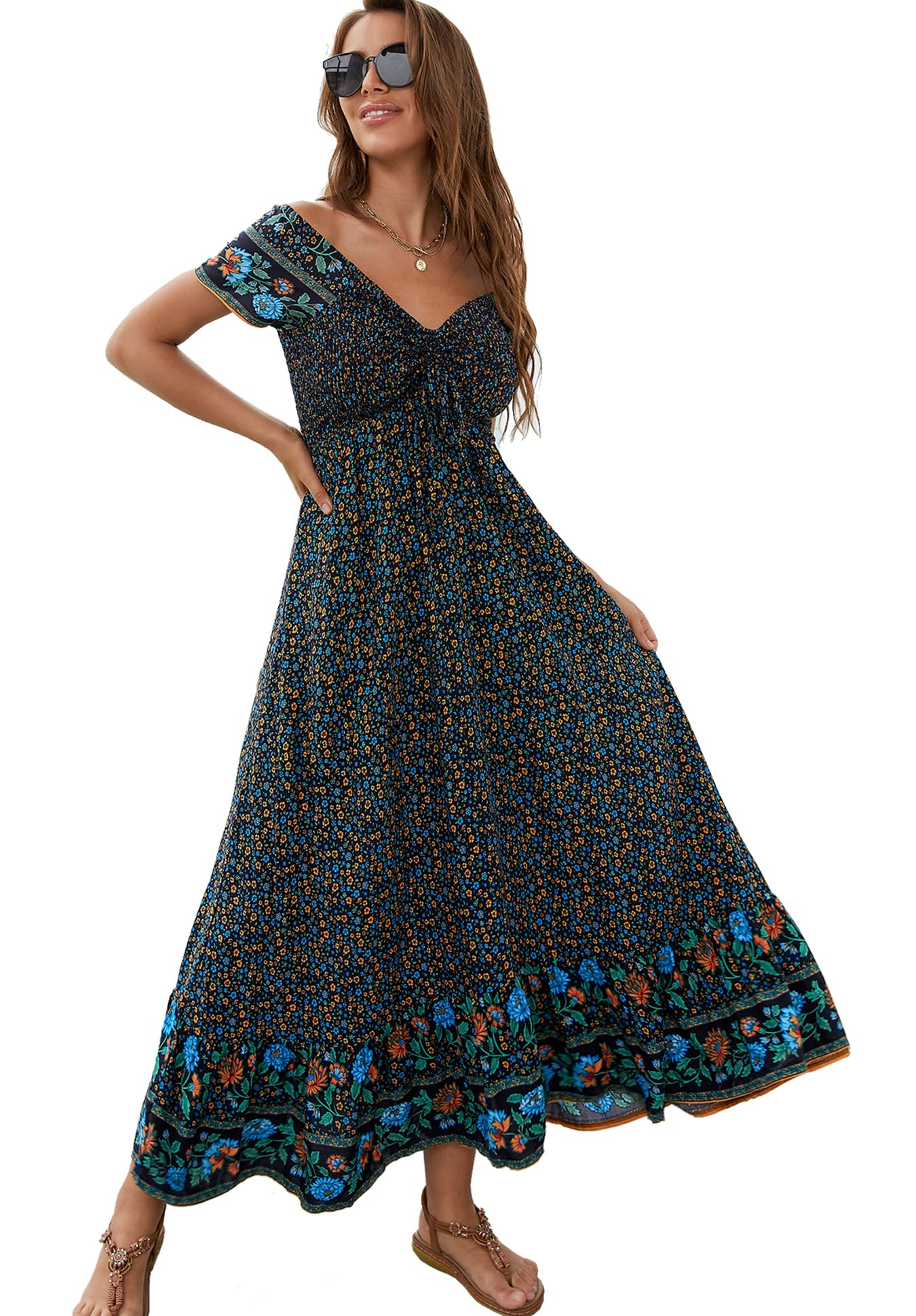 Women's Summer Floral Maxi Dress Casual Short Sleeve Flowy Boho Beach Party Long Dress