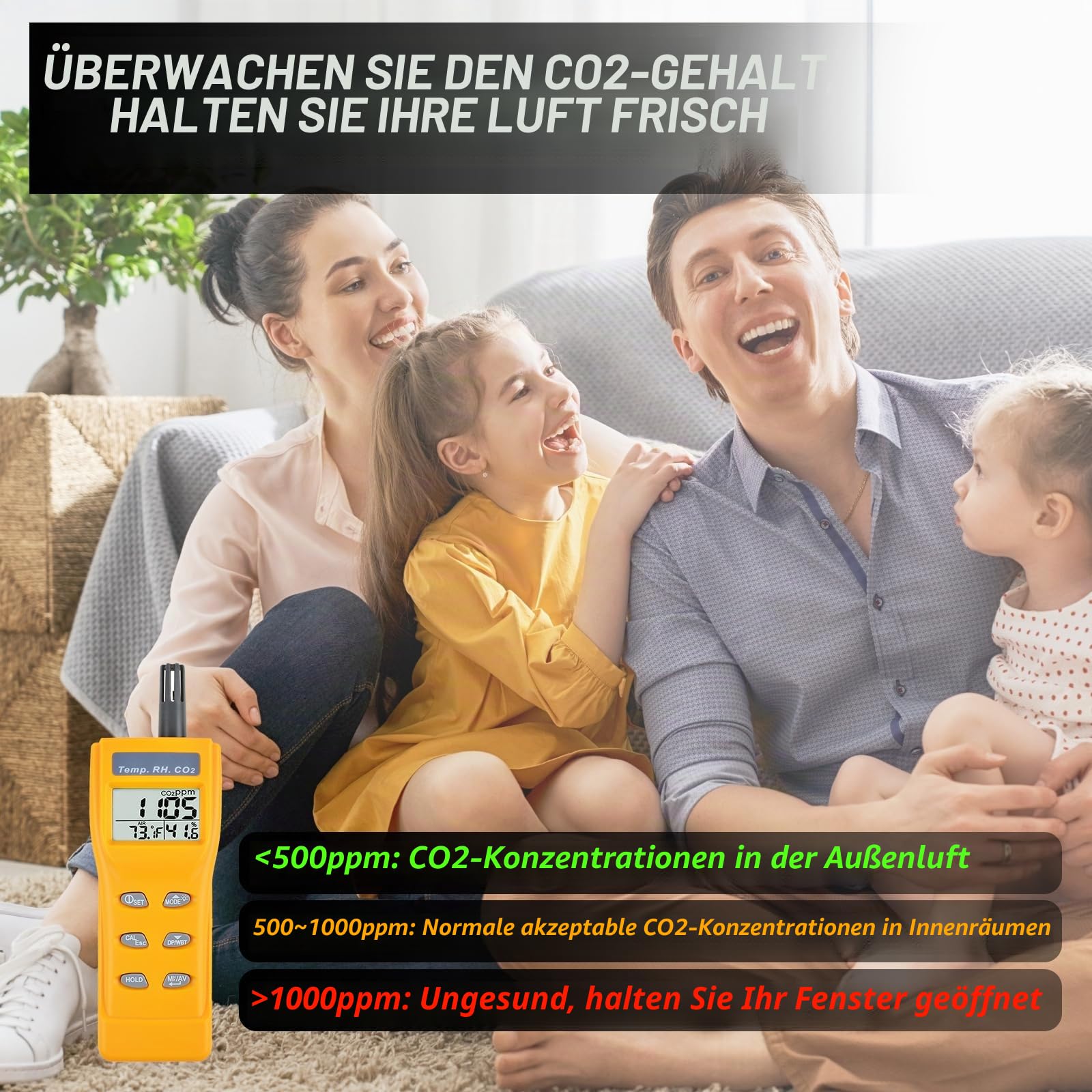 Luftgütemonitor für Überwachung der Raumluftqualität, co2 melder Luftqualitätsprüfer misst Temperatur und Luftfeuchtigkeit