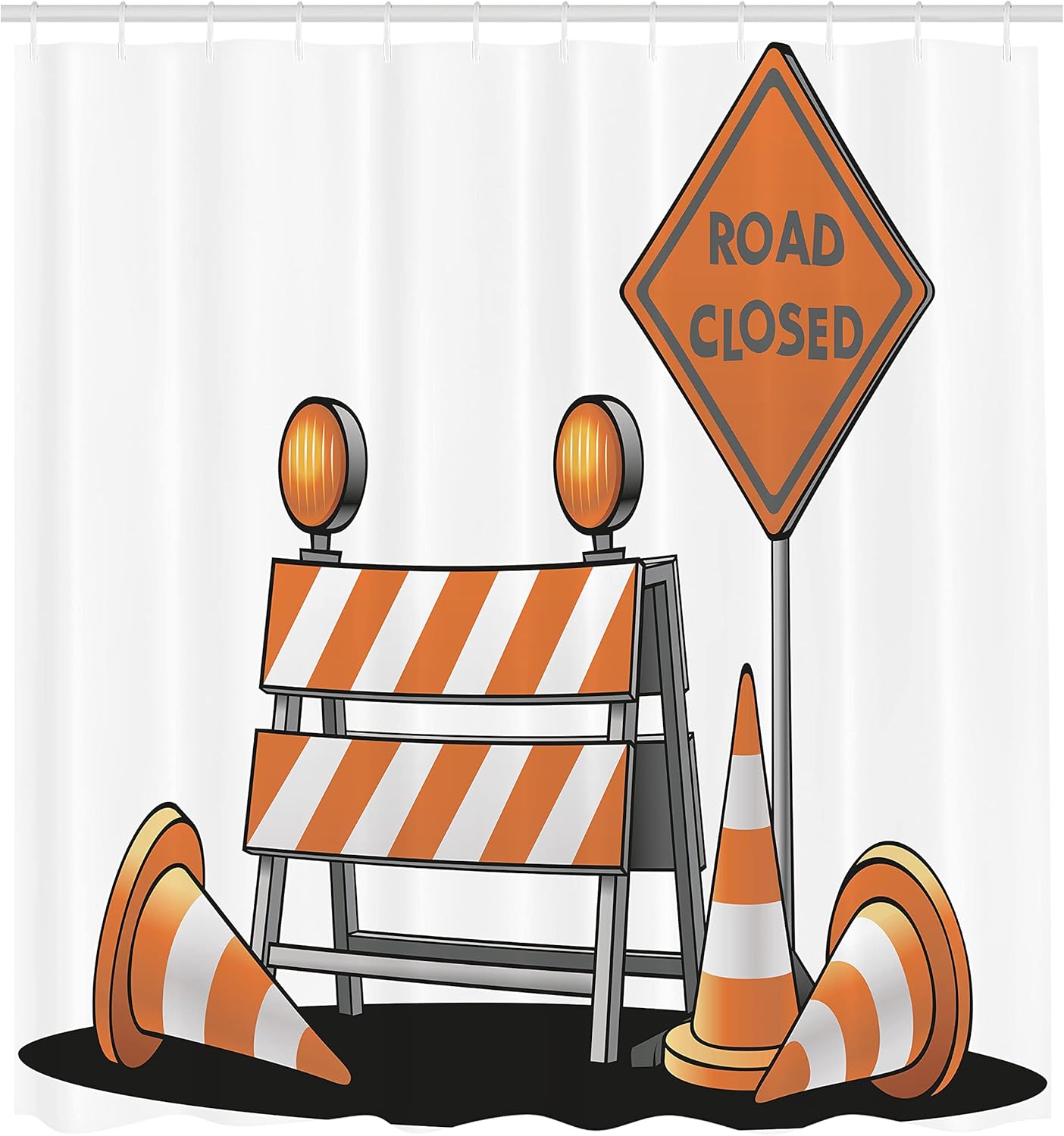 Ambesonne Urban Shower Curtain, Road Closed Sign with Traffic Warning with Blocker Stop Illustration, Cloth Fabric Bathroom Decor Set with Hooks, 69" W x 70" L, Pale Orange Grey