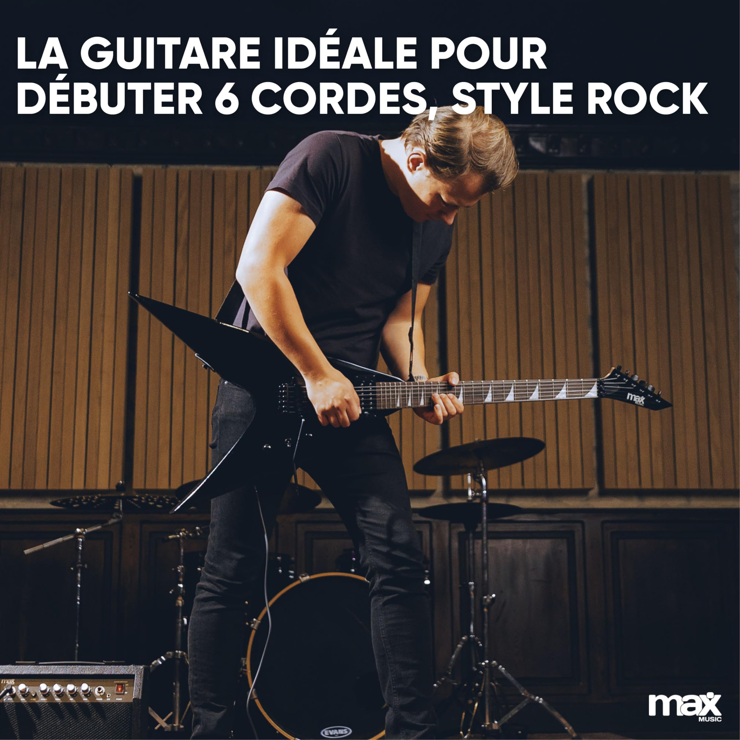 Max Pack Guitare Électrique Style V avec Ampli 40 Watts et Nombreux Accessoires, Housse, Accordeur, Cordes de rechange, Sangle, Câble 3m et Médiators, Kit Complet pour Bien Débuter - Noir