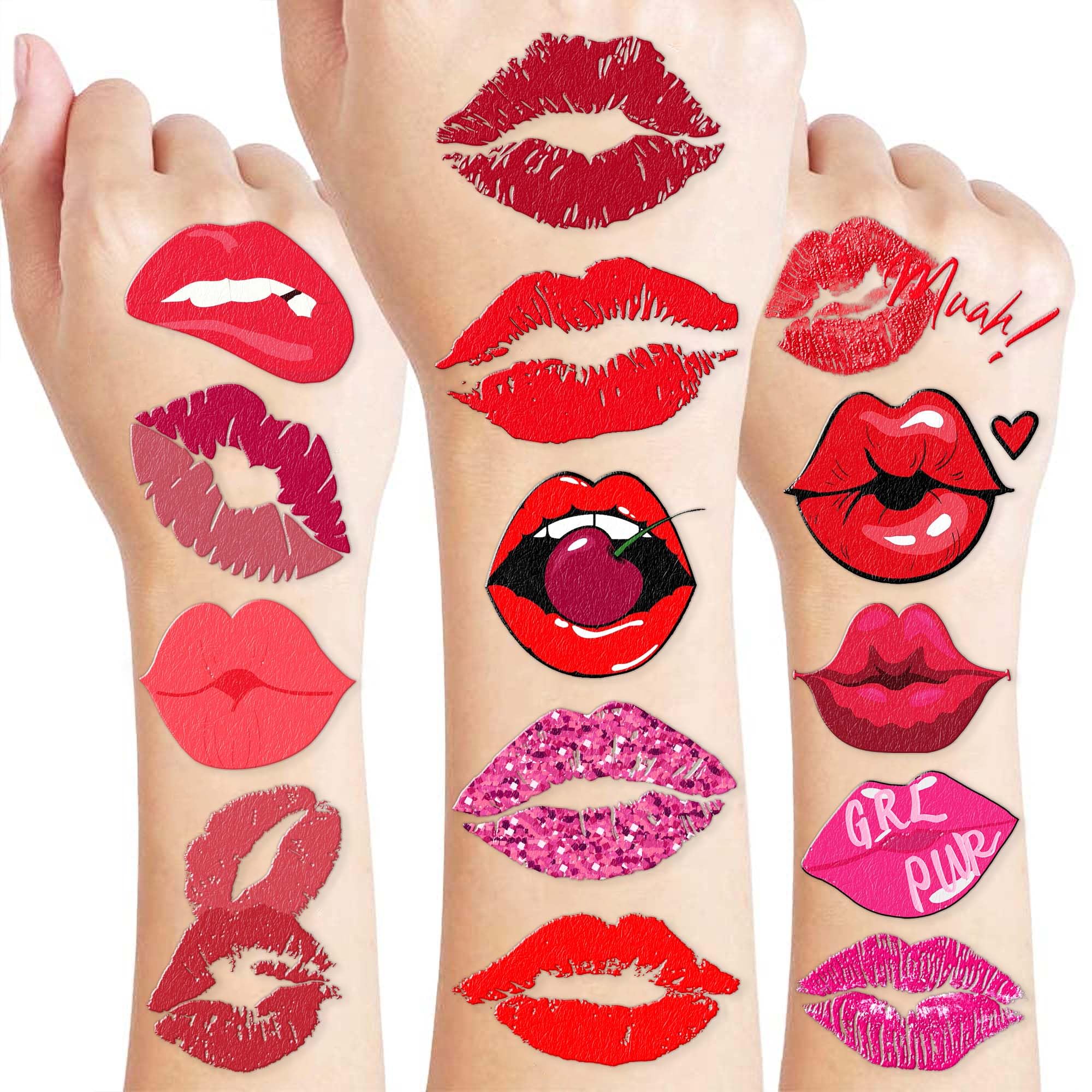 8 Sheets (84PCS) Lip Kiss Temporary Tattoos Stickers Valentines Day Theme Hot Pink Red Birthday Party Decorations Supplies Favors for Kids Girls Women