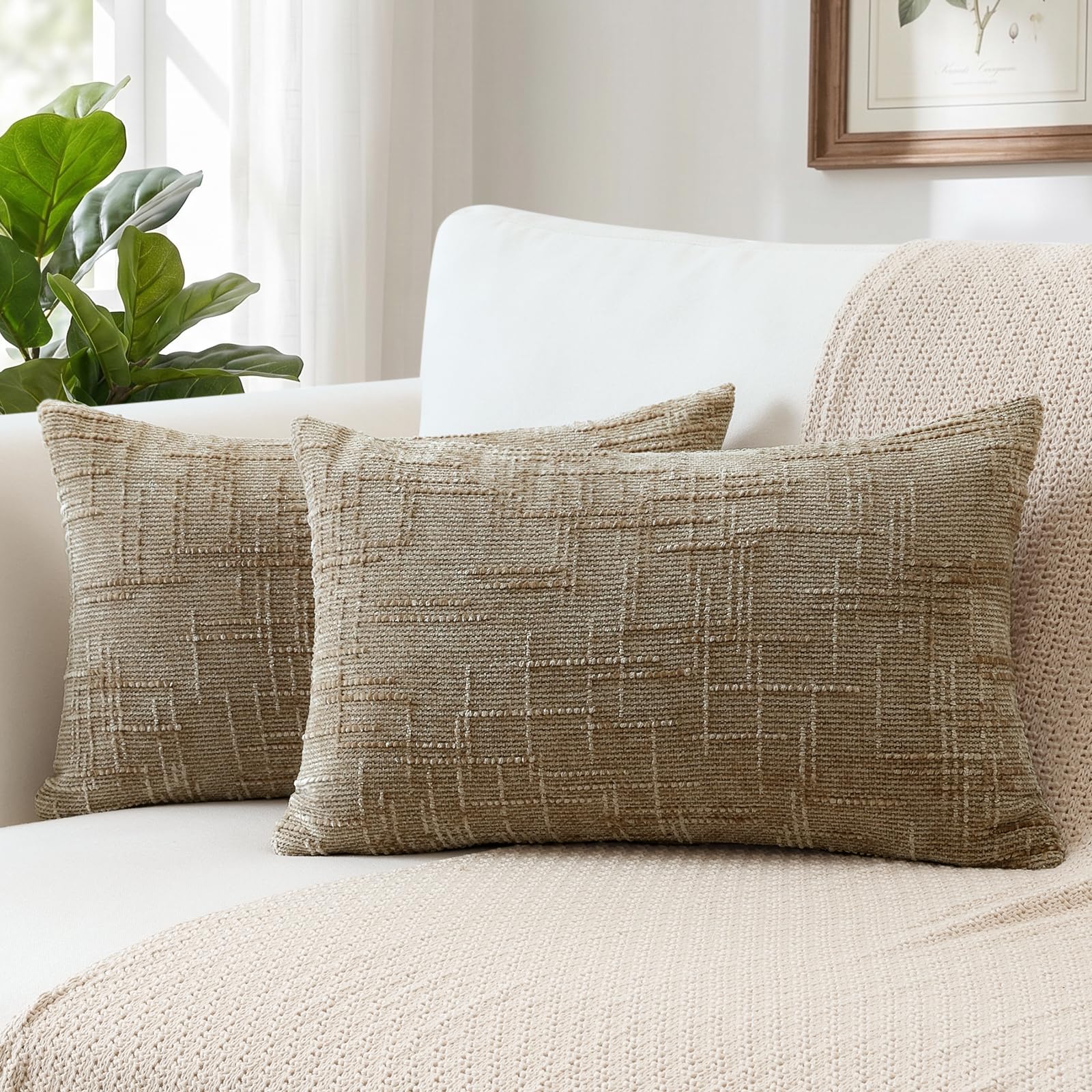 Sungeek Pack of 2 Chenille Textured Cushion Covers 30x50cm, Farmhouse Solid Dyed Throw Pillow Case Cover, Decorative Lumbar Cushion Case for Home Decor Couch Sofa Bed Living Room, Oatmeal โ image 1