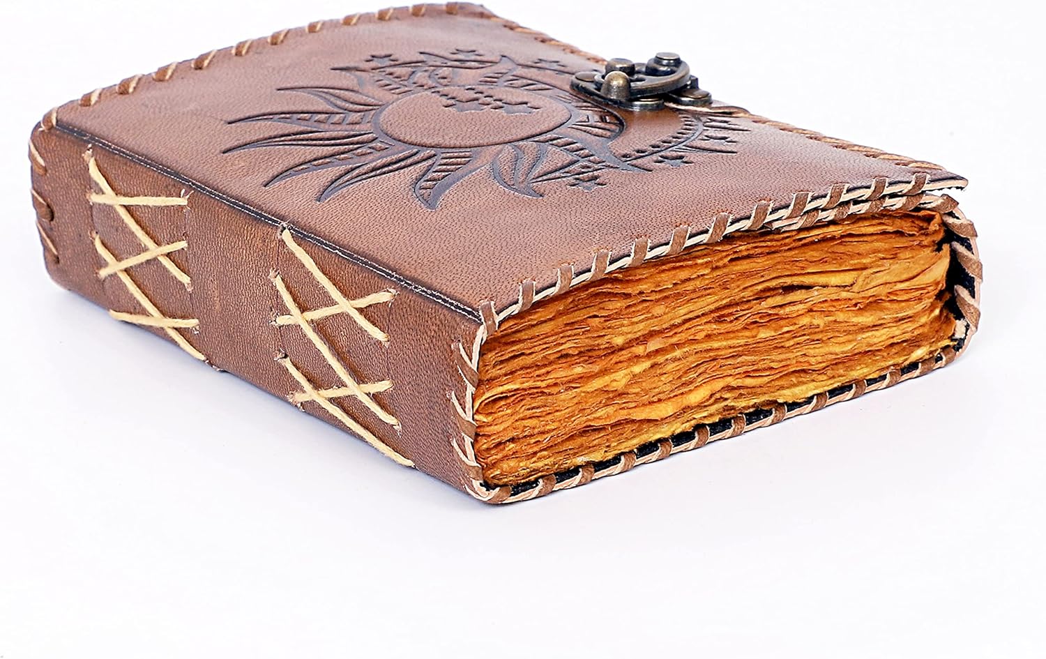 Sun & Moon Emboss Journal, 220 Deckle Edge Handmade Pages Journal, Vintage Journal, Sun Moon Journal, Leather Sketchbook, Leather Notebook (7 x 5 Inch, Vintage Brown - Deckle Edge Paper)