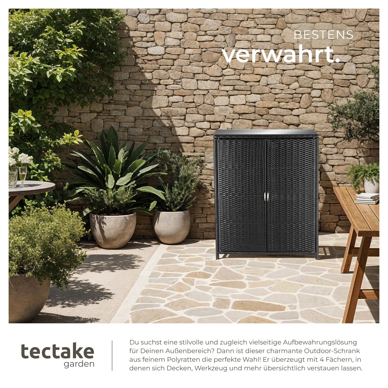 tectake Rattan Gartenschrank mit Aluminium Gestell, Outdoor Schrank, Auflagenbox, Terrassenschrank, Aufbewahrungsschrank Garten
