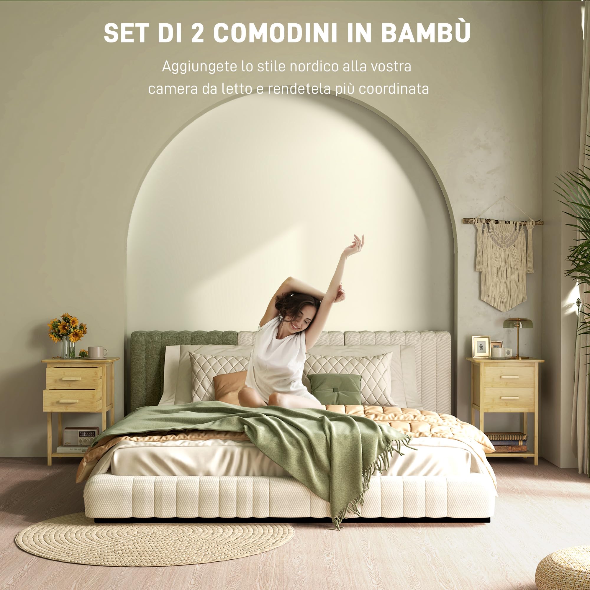 HOMCOM Set 2 Comodini con 2 Cassetti e Ripiano, 40x34x60 cm, Color Legno | Ripiano Inferiore, Stile Nordico, Comodini Moderni in Bambù