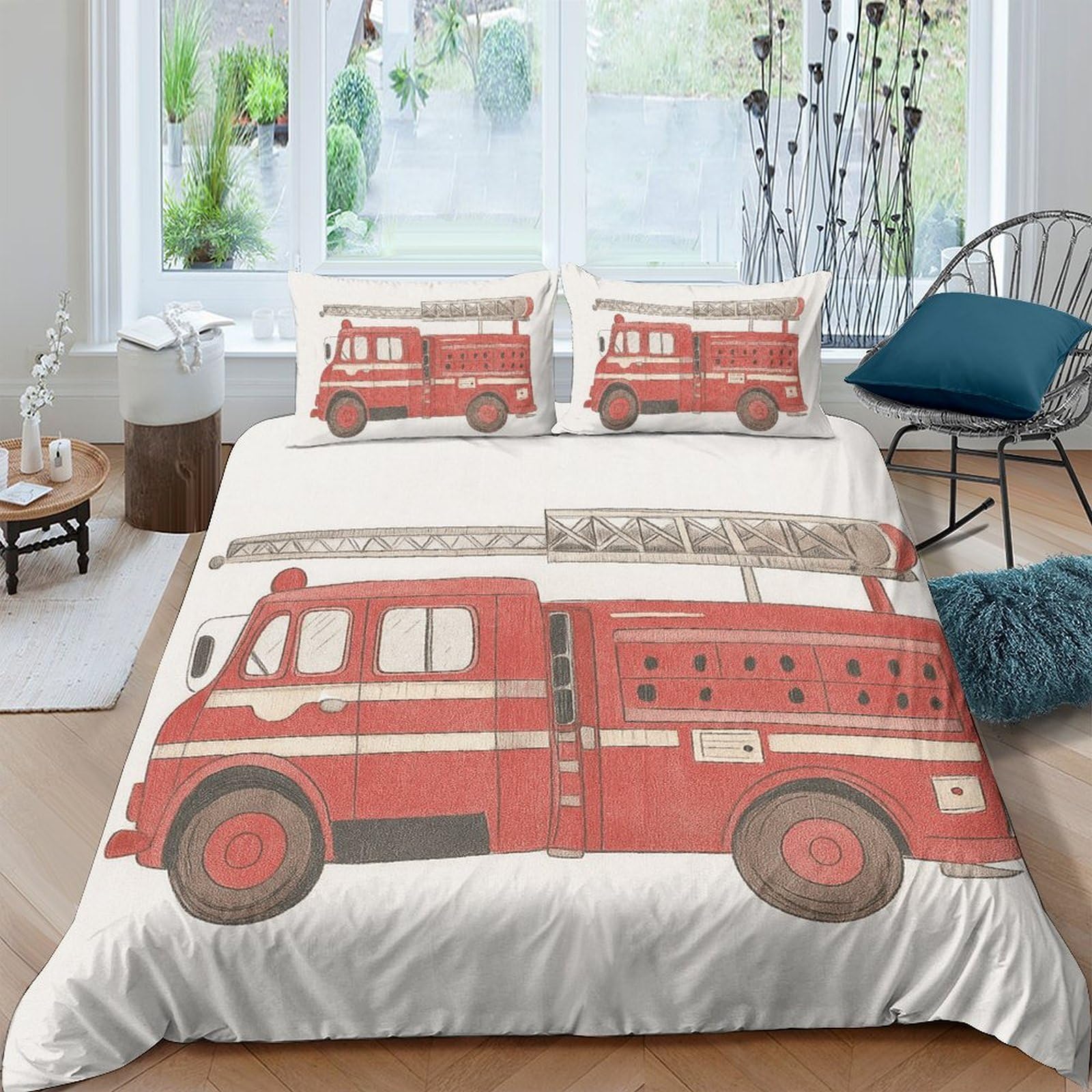Ctjqhvkz Style-5 3D Printed Fire Truck Fitted Sheet Microfiber Bedroom Decor Red Vehicle Bed Cover Anti-Slip Washable For Home Guest Room Single（135X200cm）